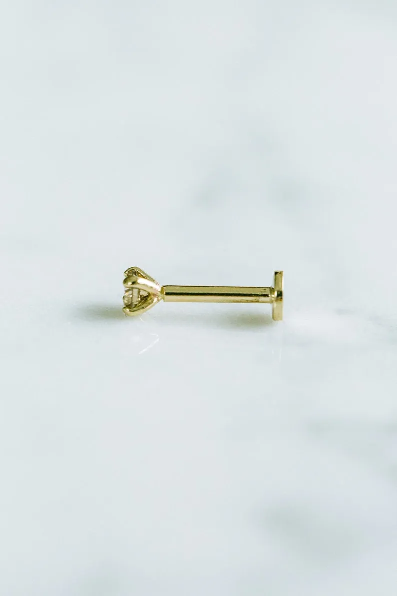 14K Solid Gold Genuine Cognac diamond 4 Prong Internally threaded Flat Back Labret Earring