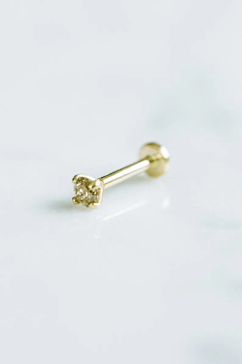 14K Solid Gold Genuine Cognac diamond 4 Prong Internally threaded Flat Back Labret Earring