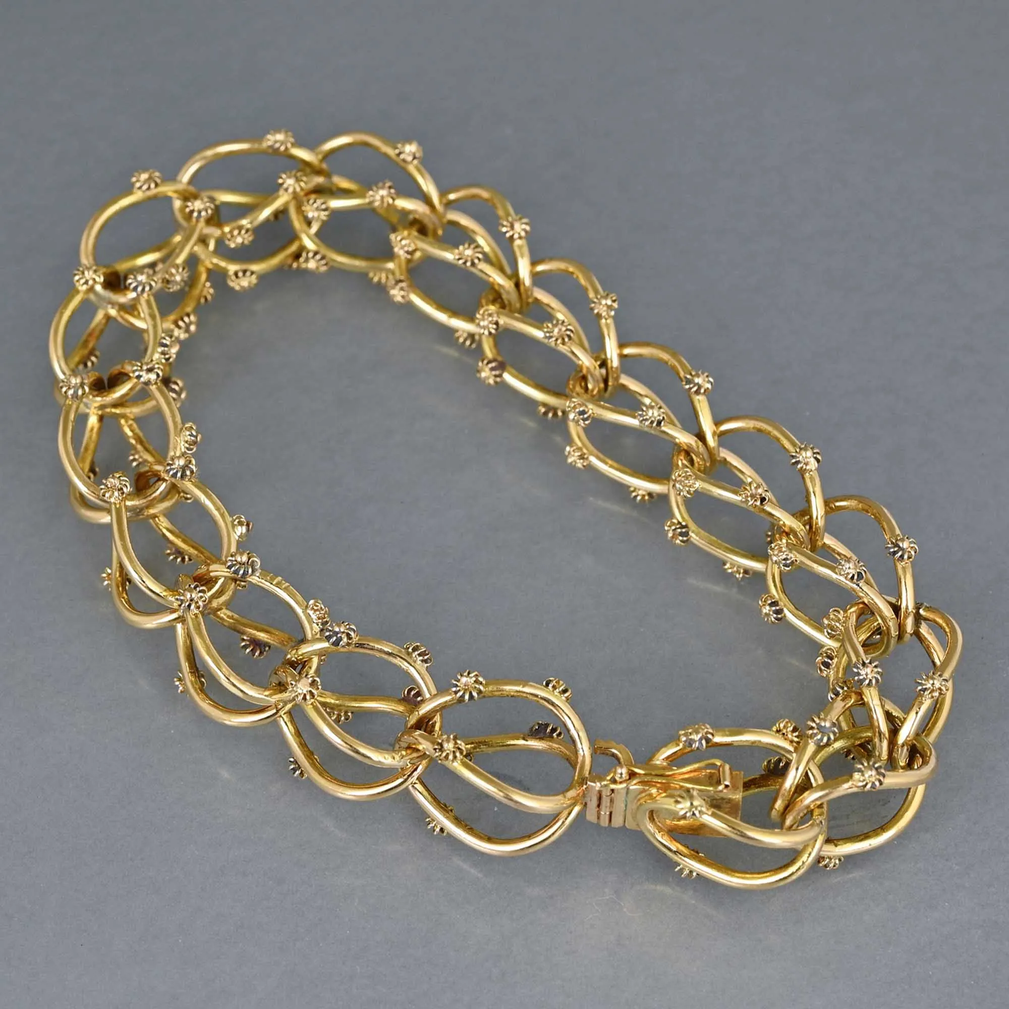 18K Solid Gold Cannetille Flower Etruscan Bracelet, 39.5 gms