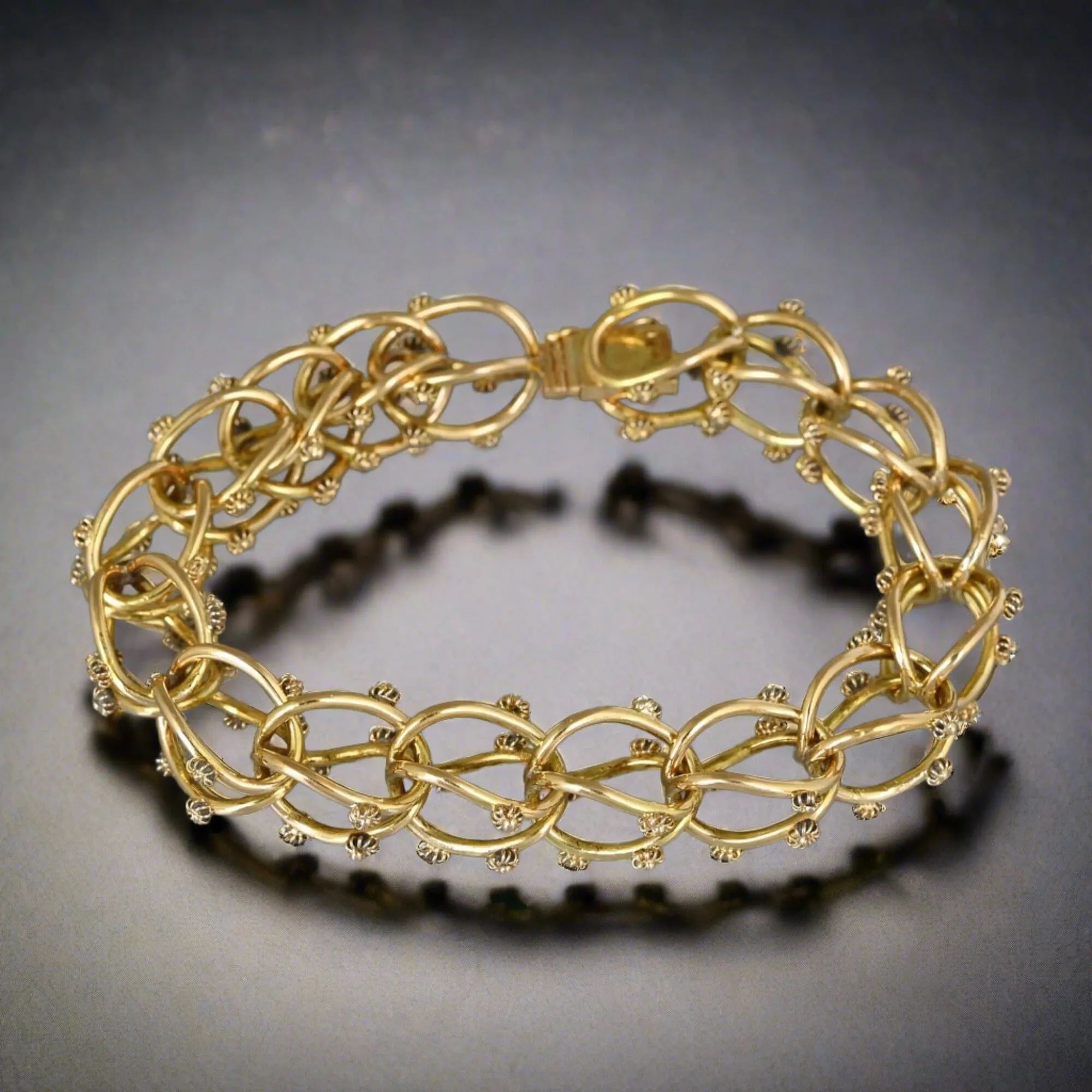 18K Solid Gold Cannetille Flower Etruscan Bracelet, 39.5 gms