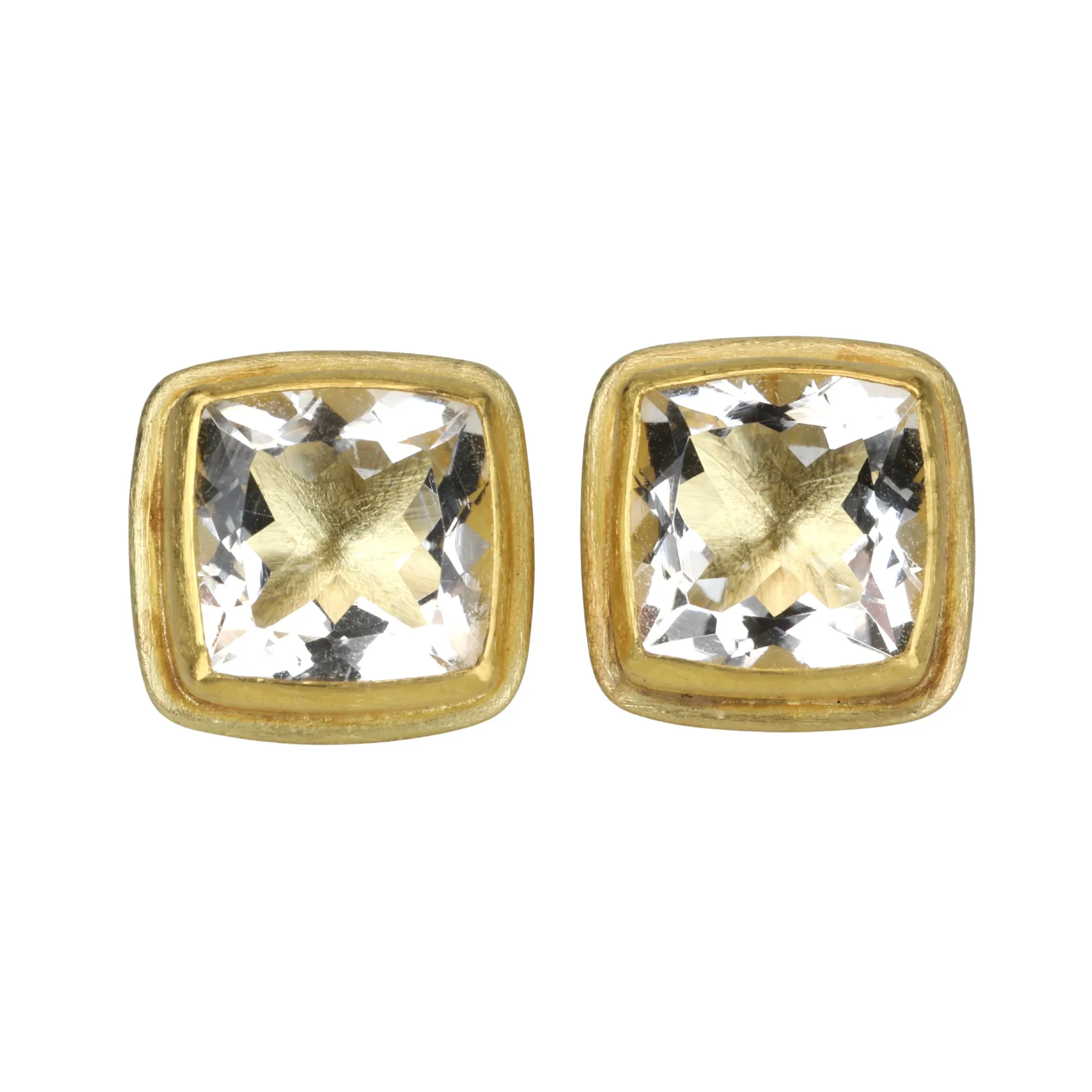 22K Gold Bezel-Set Faceted Clear Quartz Stud Earrings