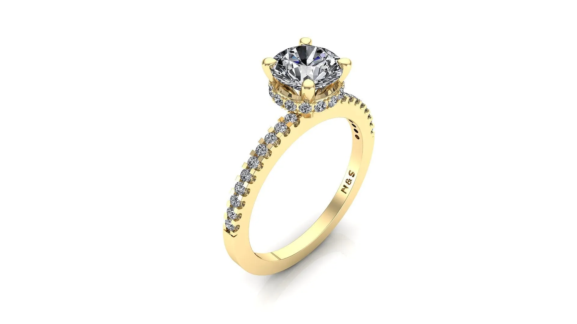 7.0mm (1.20ct) Katie ForeverOne Round Moissanite Four Prong Diamond Underhalo Engagement Ring 14K Gold MOENG068