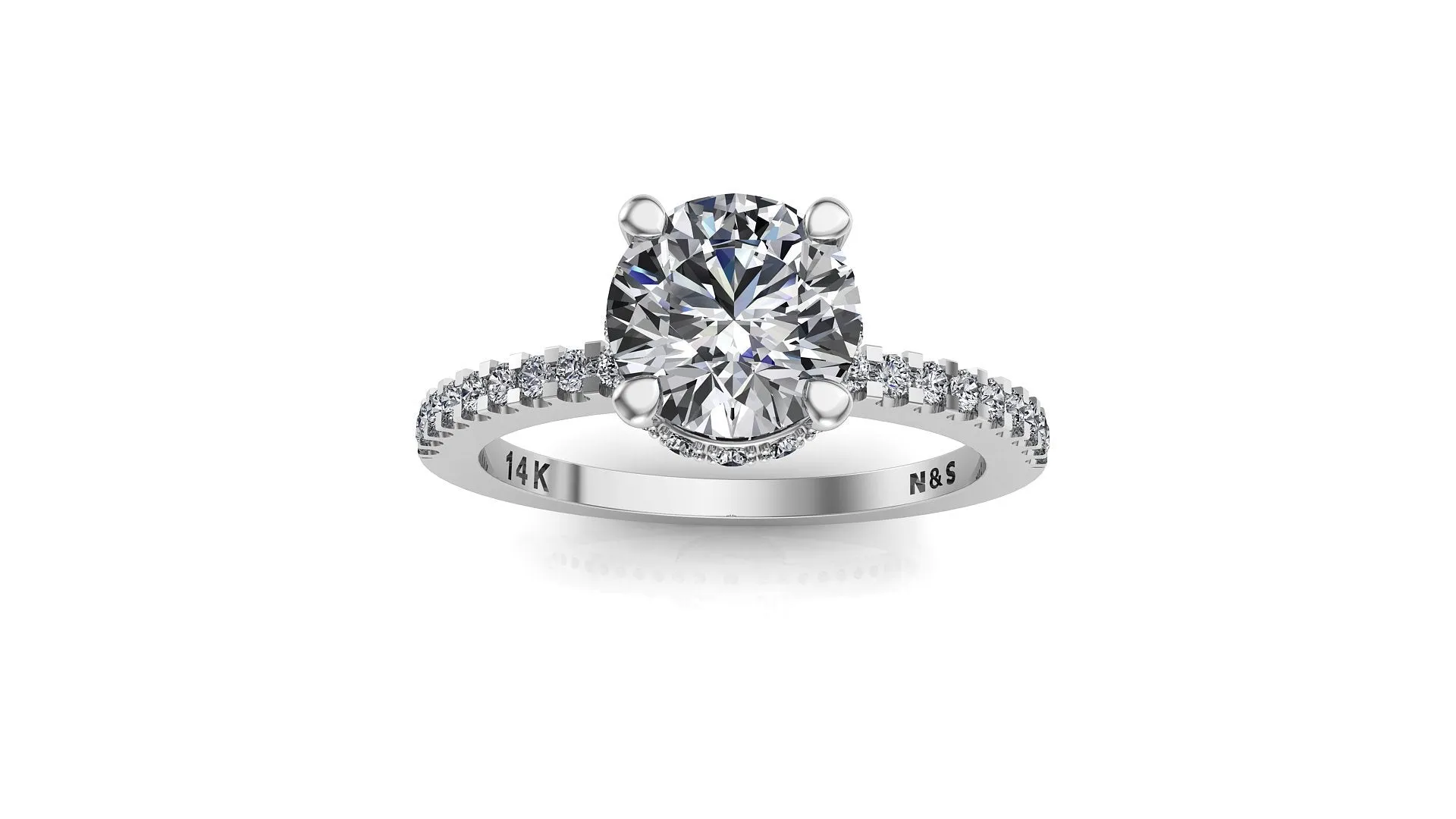 7.5mm (1.50ct) Monique ForeverOne Round Moissanite Four Prong Diamond Underhalo Engagement Ring 14K Gold MOENG073