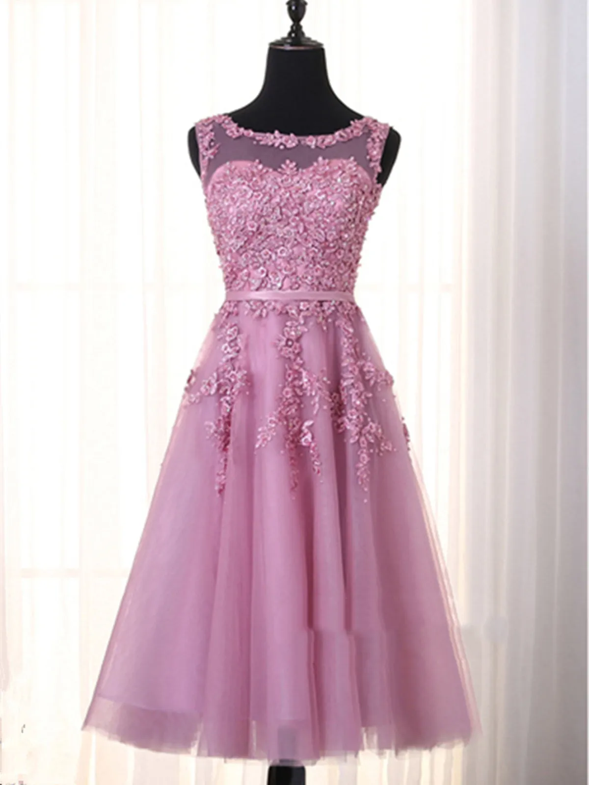 A Line Round Neck Short Purple Lace Prom Dresses, Graduation Dress, Homecoming Dresses, Bridesmaid Dresses