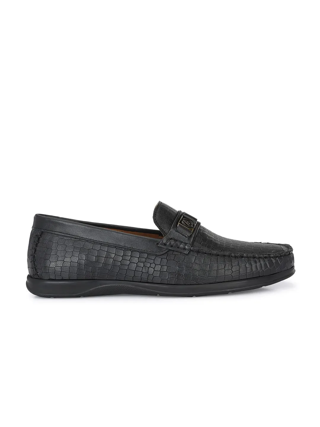 Alberto Torresi Genuine Leather Black Textured Loafers For Men