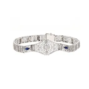 Art Deco 14K White Gold Diamond Synthetic Sapphire Bracelet