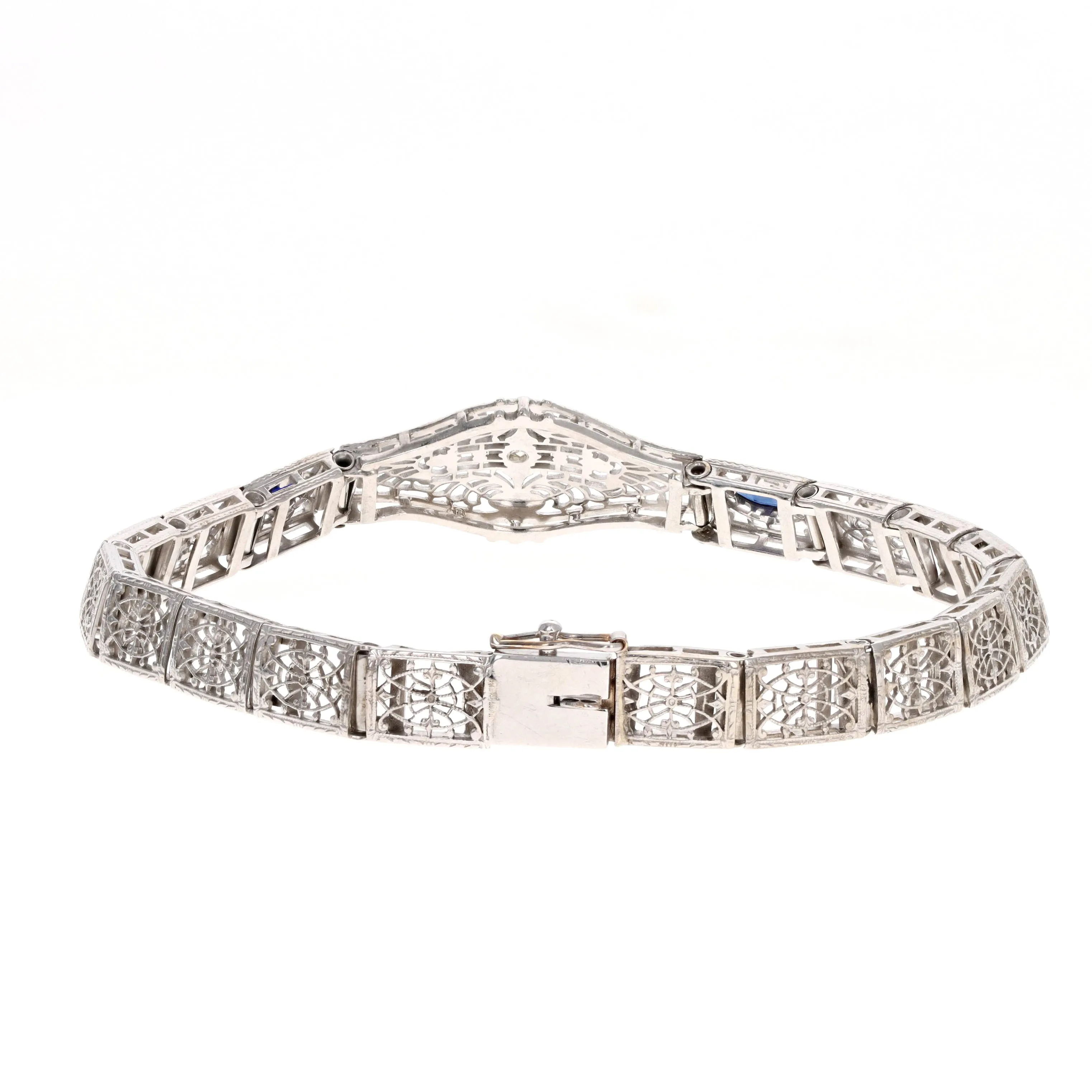 Art Deco 14K White Gold Diamond Synthetic Sapphire Bracelet