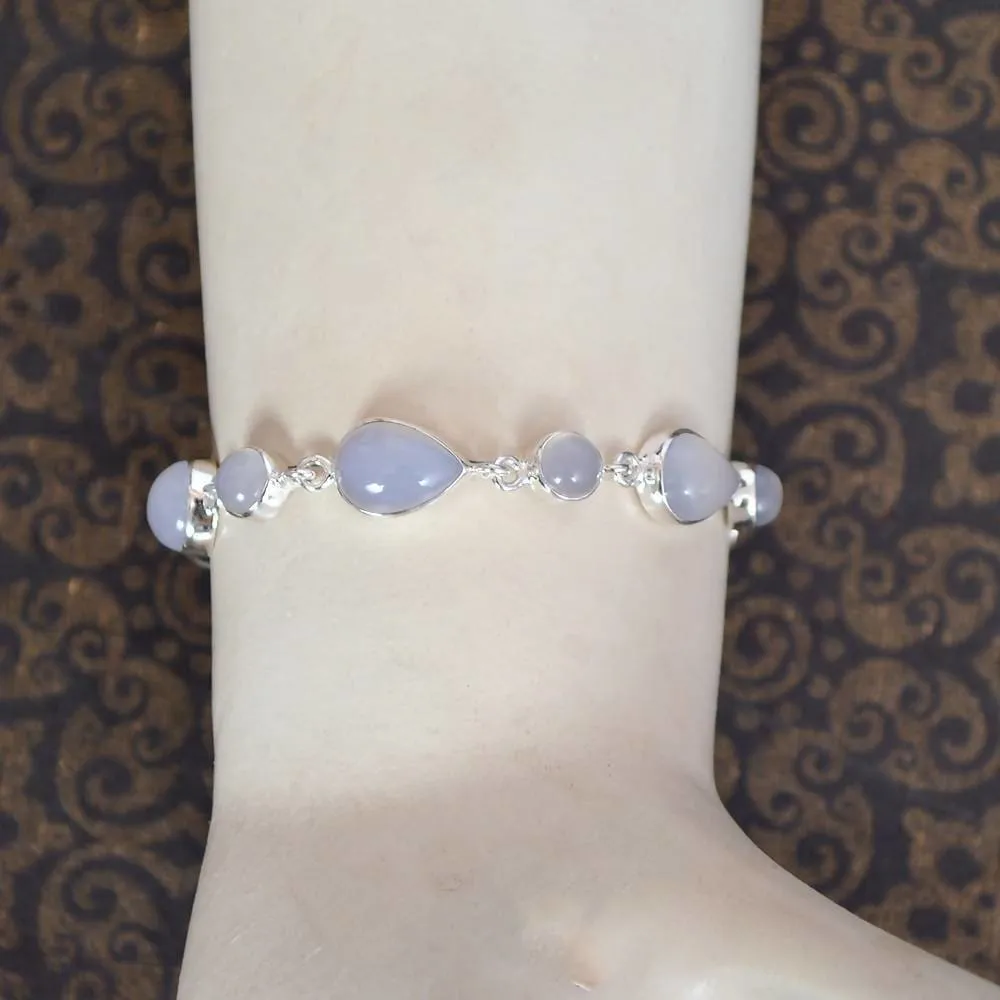 Beautiful Chalcedony Gemstone 925 Sterling Silver Link Bracelet Jewelry