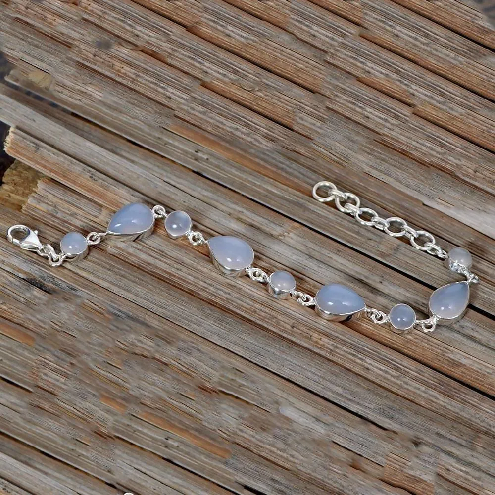 Beautiful Chalcedony Gemstone 925 Sterling Silver Link Bracelet Jewelry