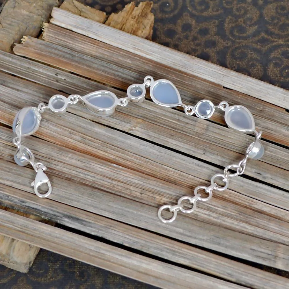 Beautiful Chalcedony Gemstone 925 Sterling Silver Link Bracelet Jewelry