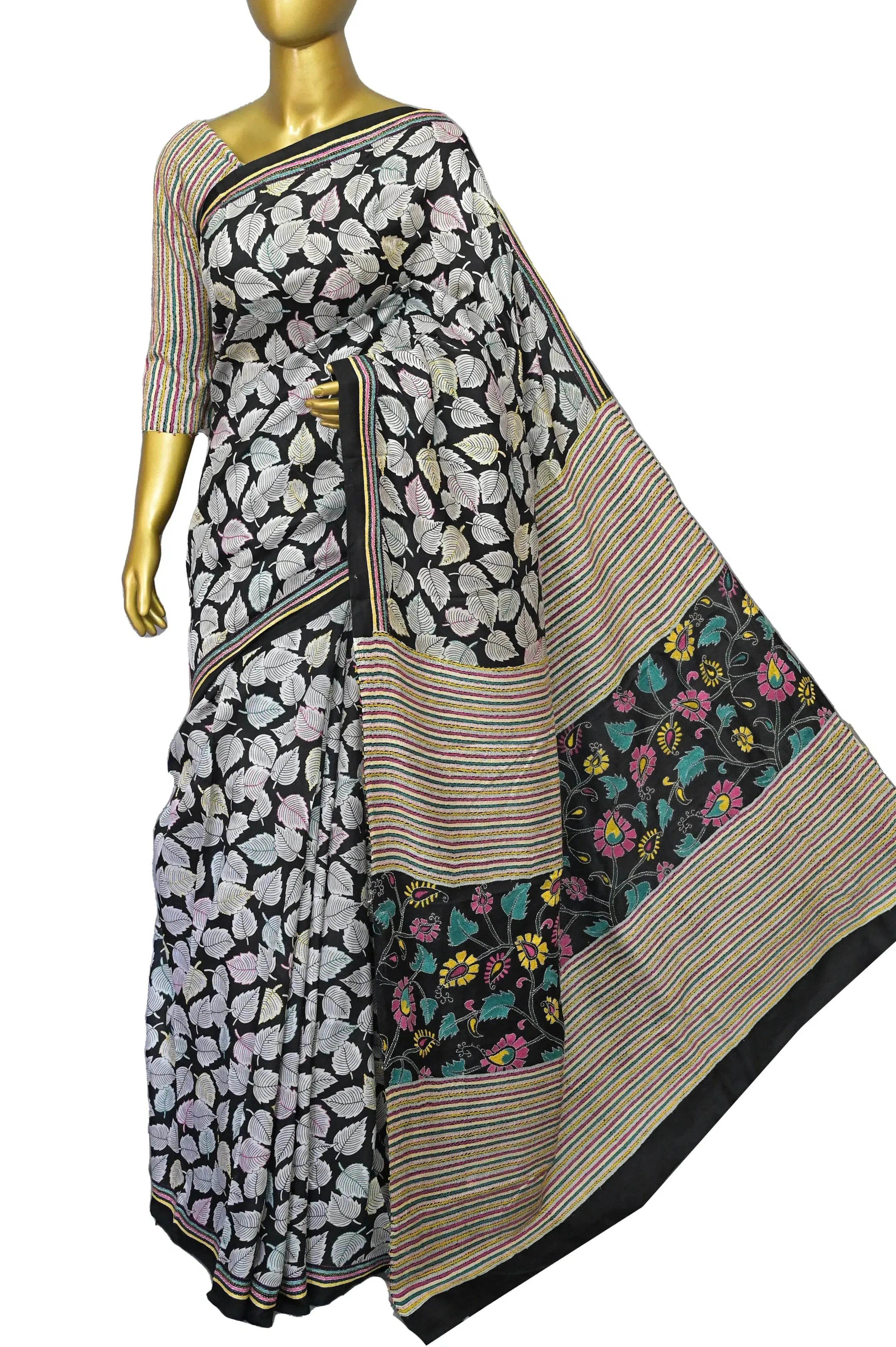 Black Color Pure Bishnupur Jalchari Katan Silk Saree with Hand Block Print and Hand Embroidery