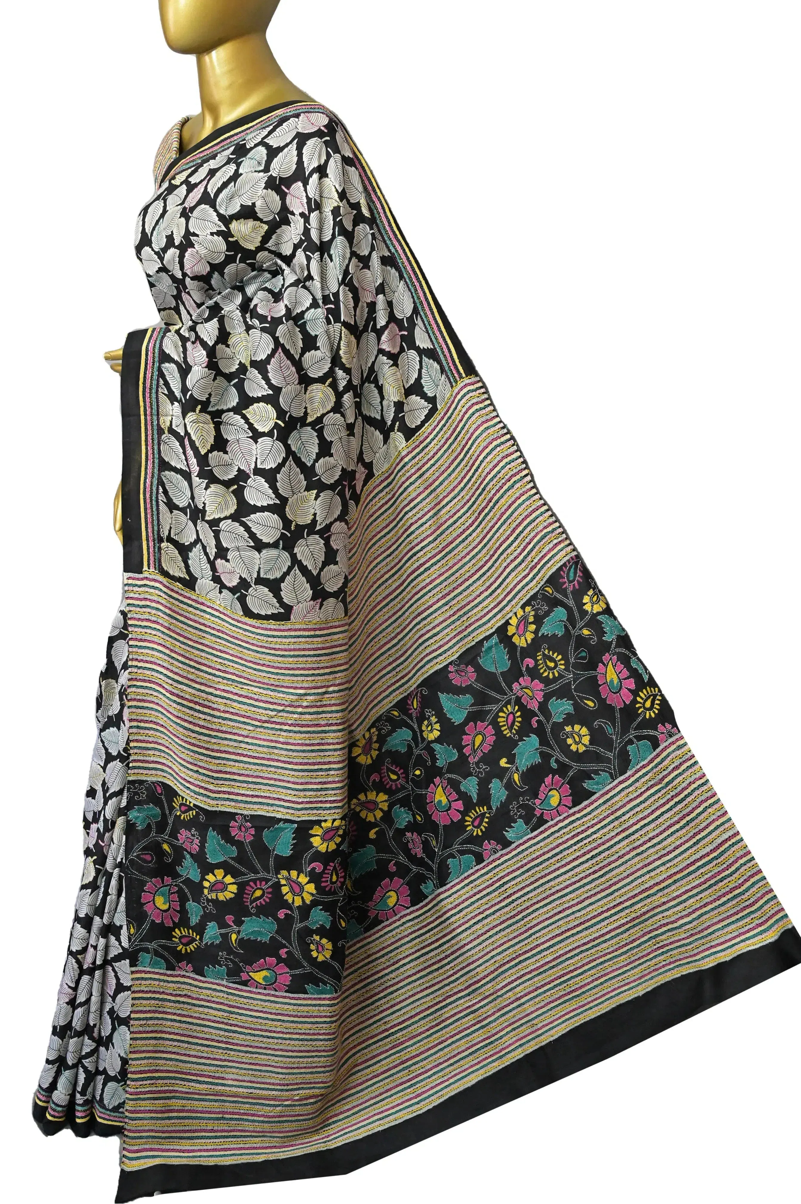 Black Color Pure Bishnupur Jalchari Katan Silk Saree with Hand Block Print and Hand Embroidery