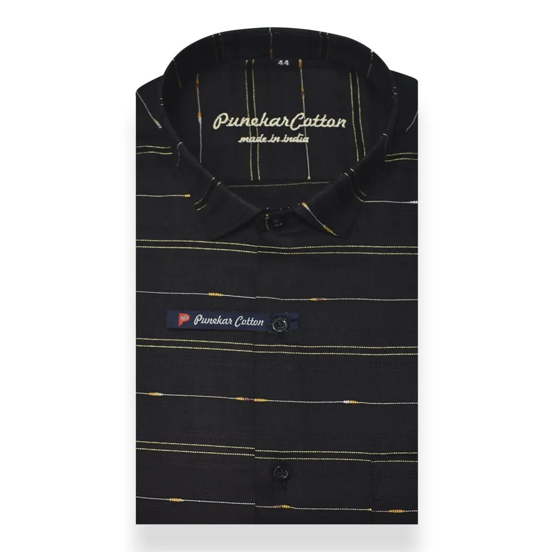 Black Color Pure Cotton Panelled Butta Stripes Shirts For Men's