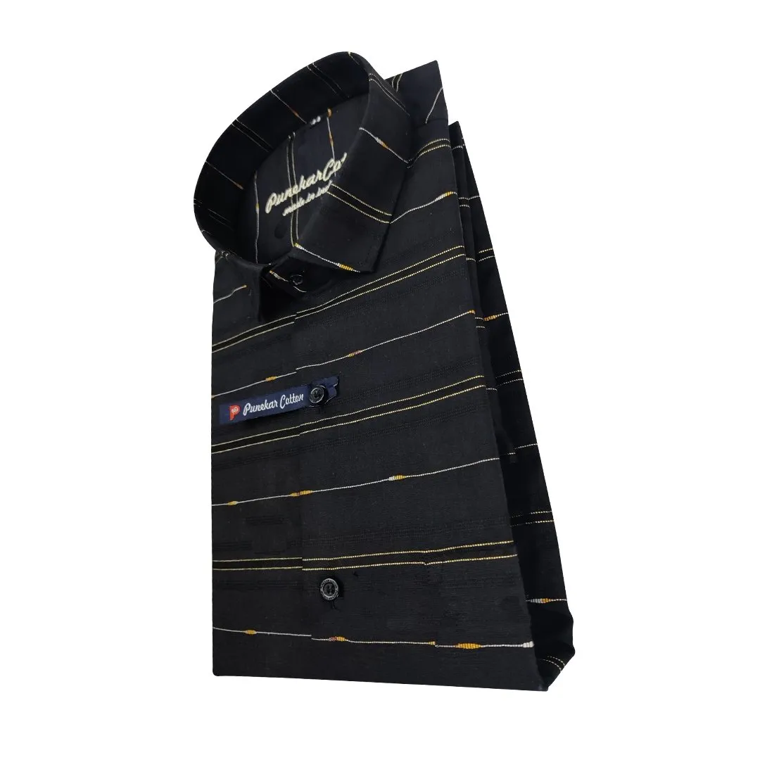 Black Color Pure Cotton Panelled Butta Stripes Shirts For Men's