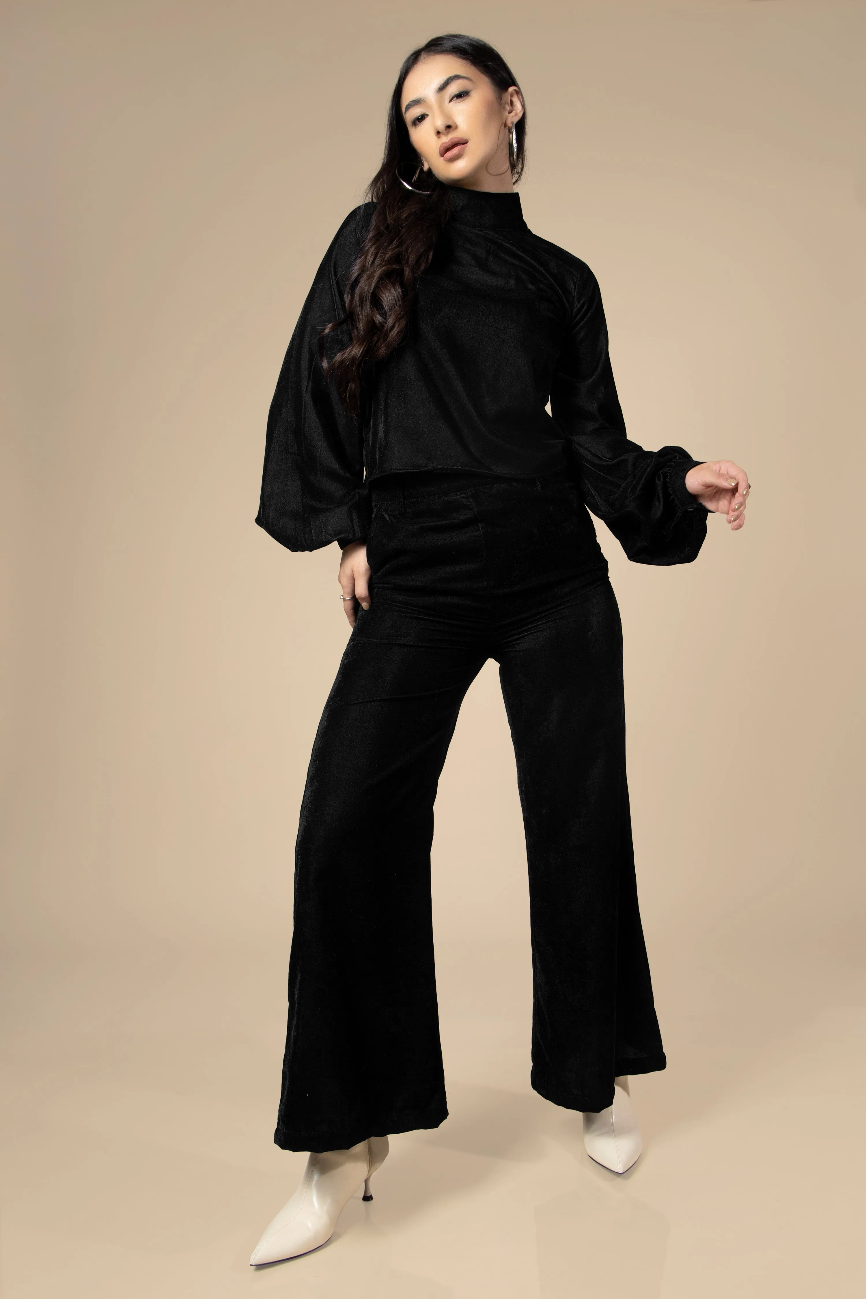 Black High Neck Velvet Co-Ord Set For Women