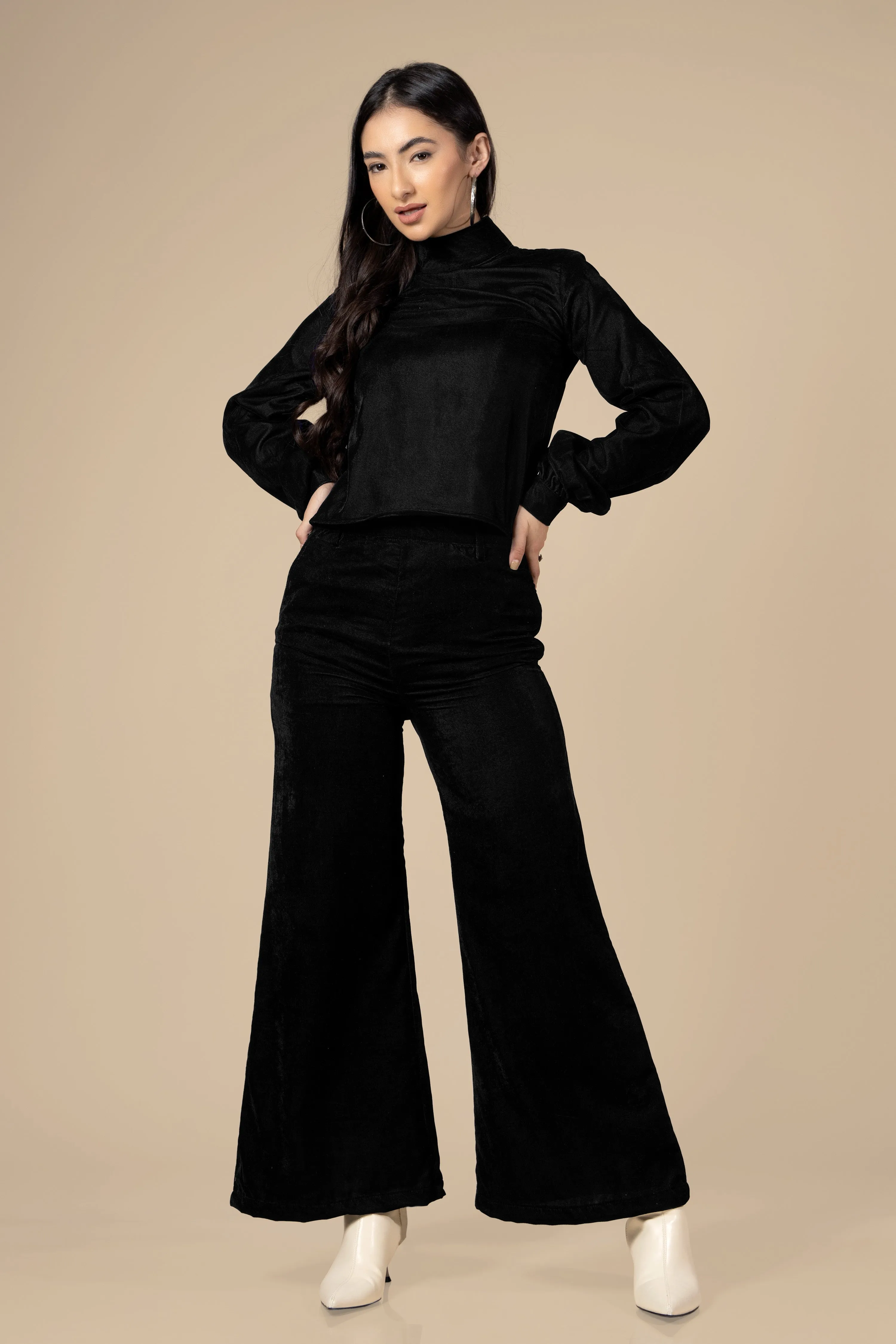 Black High Neck Velvet Co-Ord Set For Women