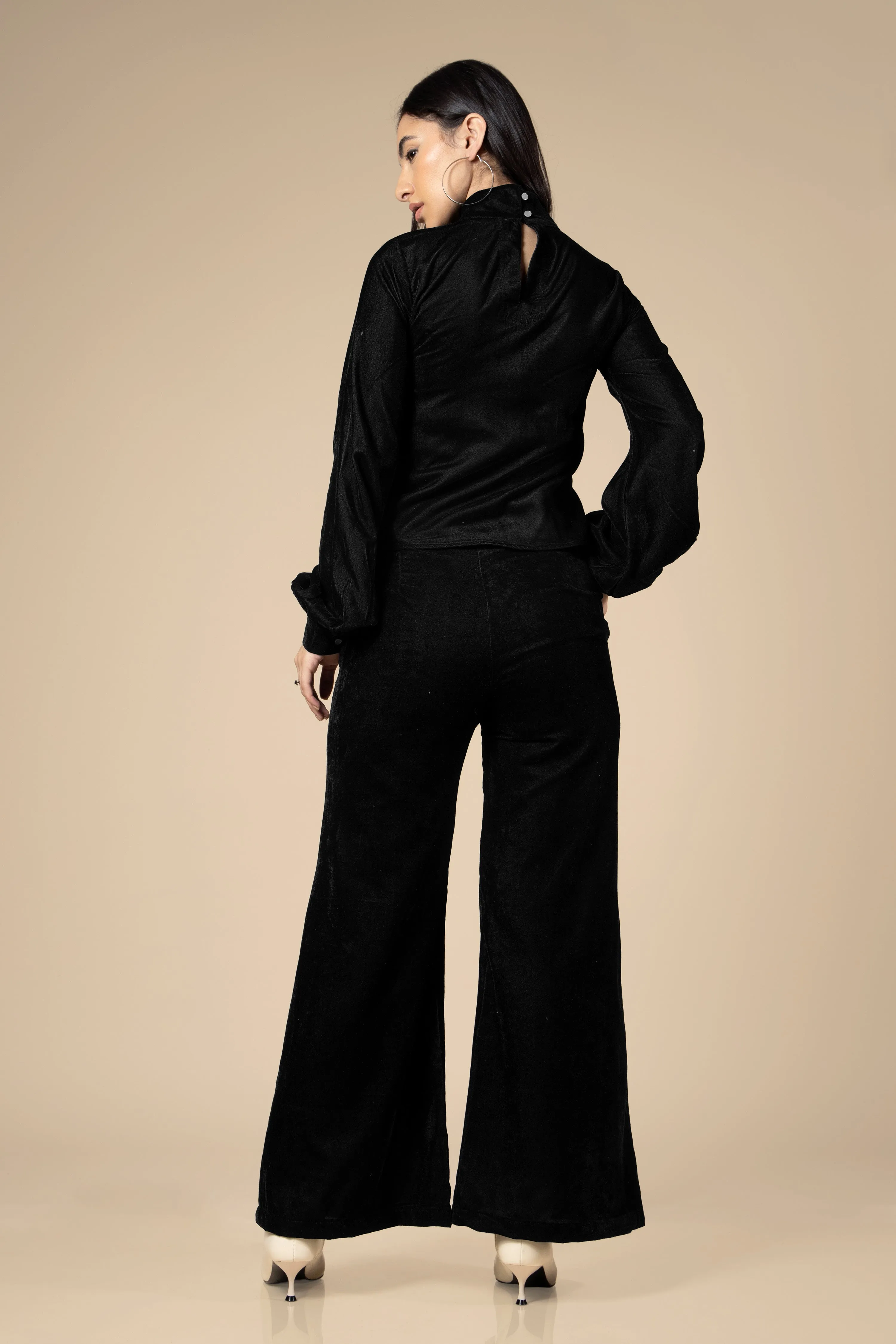 Black High Neck Velvet Co-Ord Set For Women