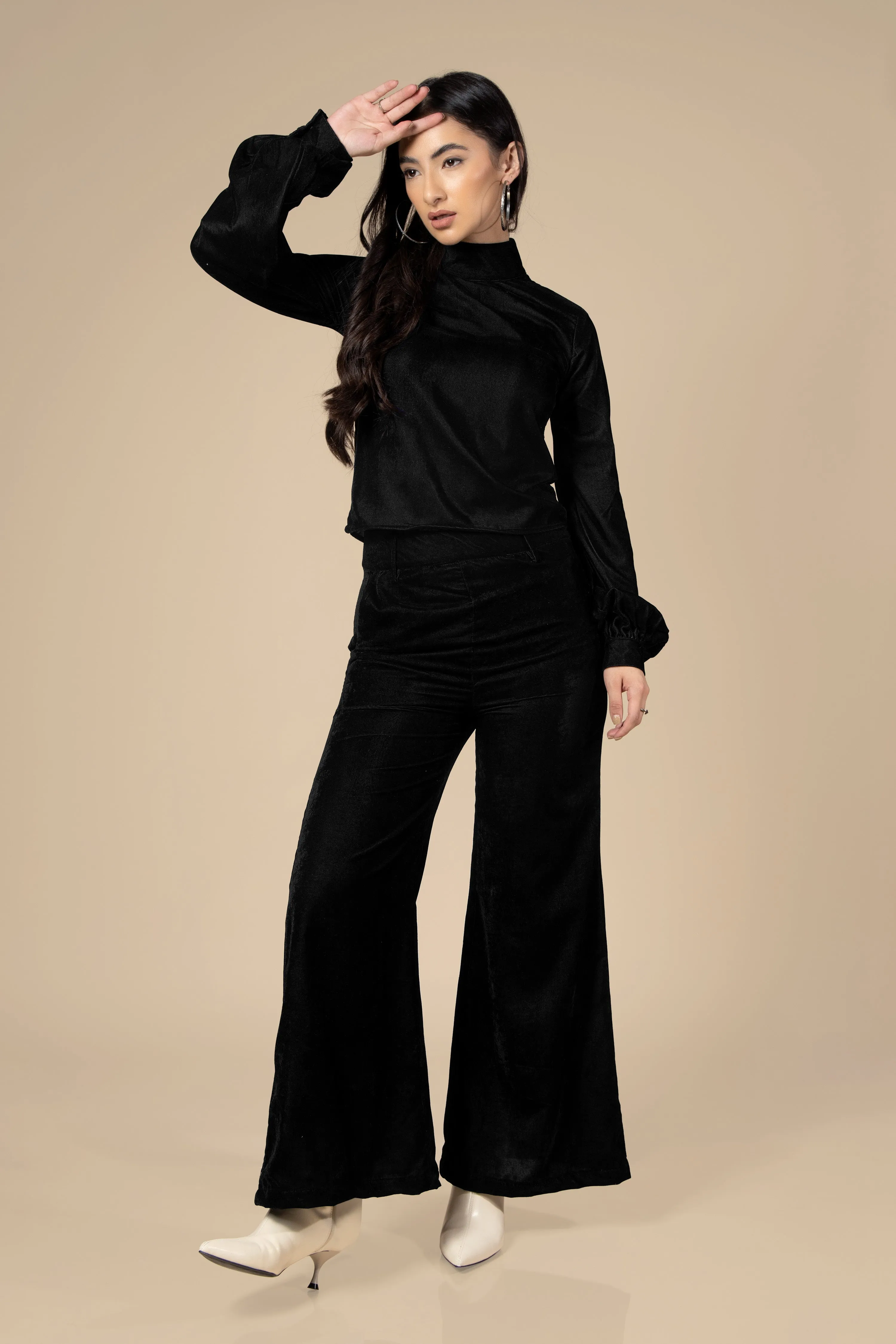 Black High Neck Velvet Co-Ord Set For Women