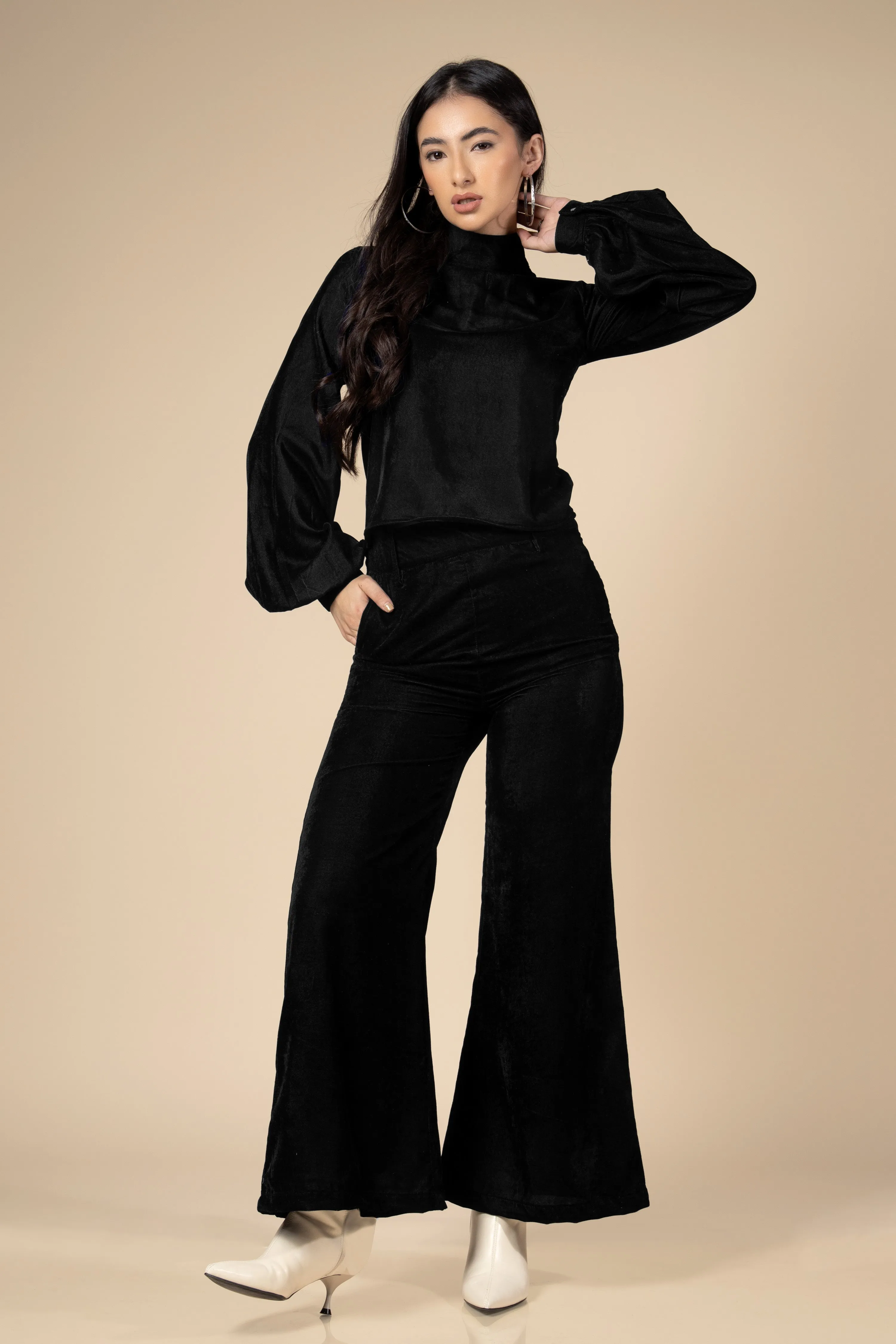 Black High Neck Velvet Co-Ord Set For Women