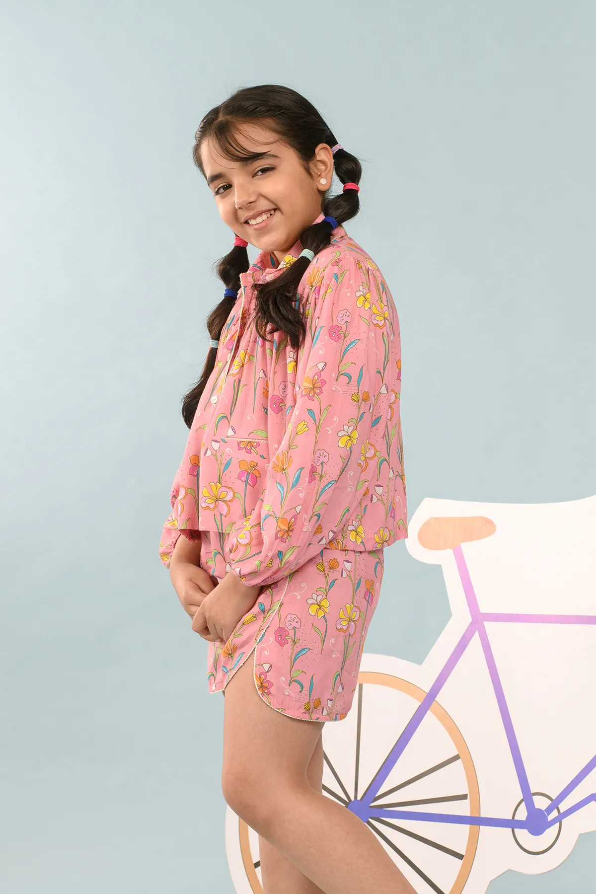 Blush Blossom- Balloon Sleeves Shirt & Shorts Set For Girls