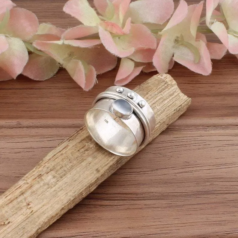 Boho Silver Ring, Moonstone Semi Precious Stone Ring, 925-Sterling Silver Ring,Boho Spinner Ring,Thumb Ring,Gift Item Spinner Ring