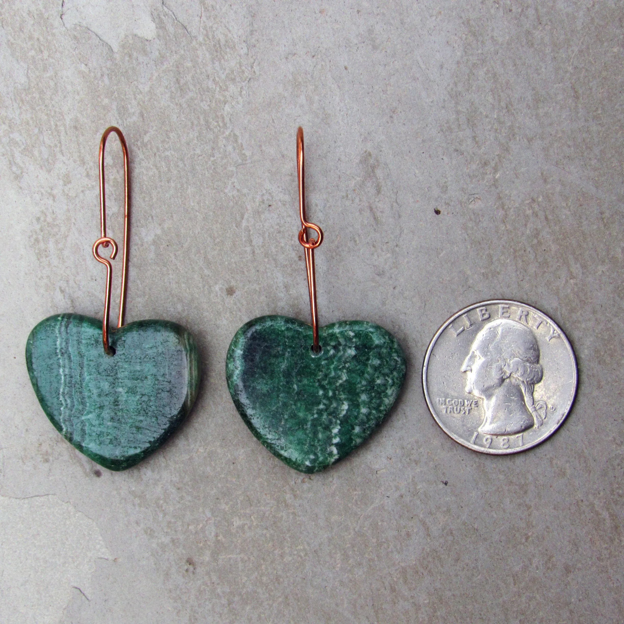 Copper wire with Green Rhodonite Gemstone Hearts earrings