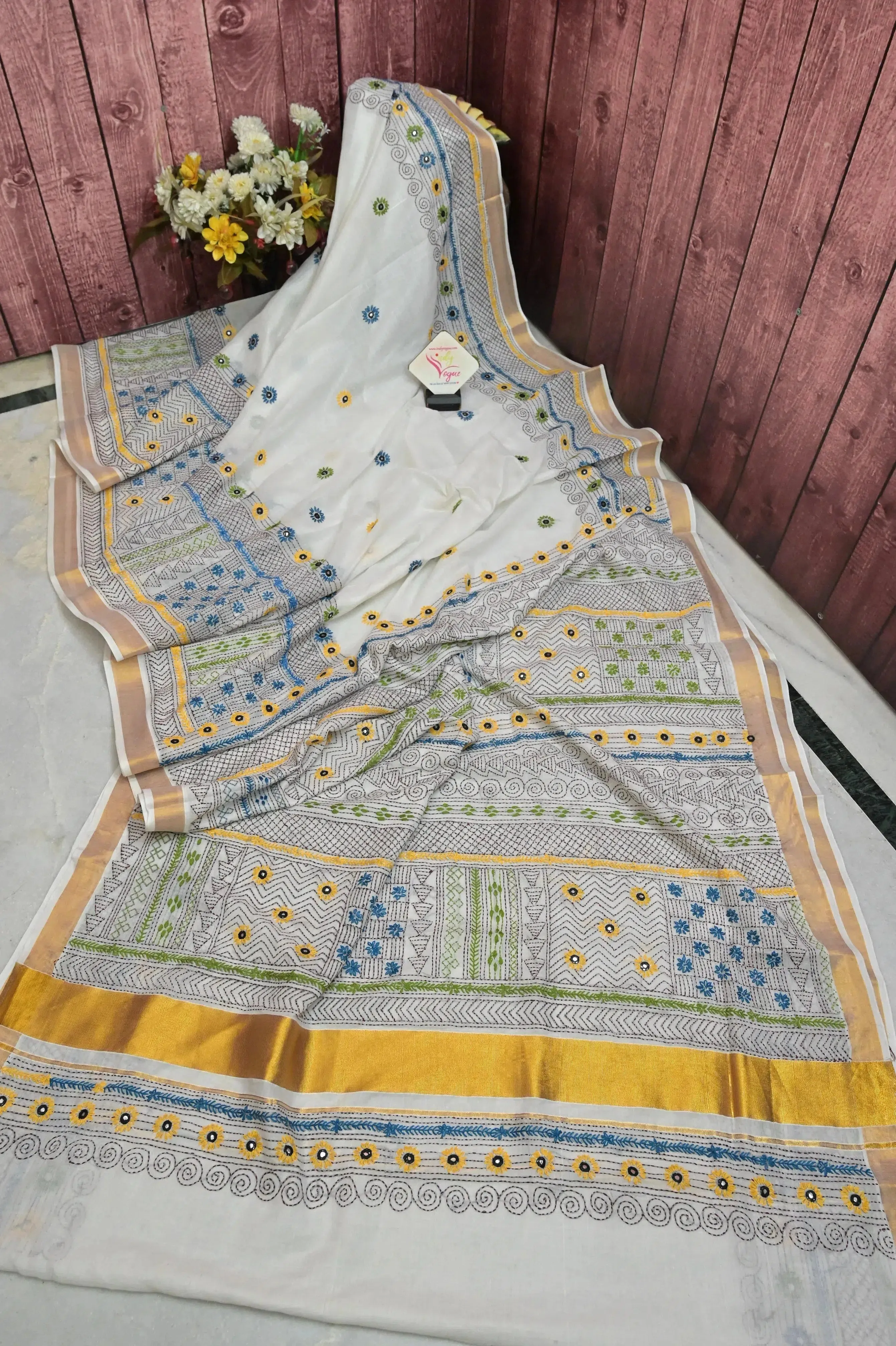 Daisy White Color Kerala Cotton Saree with Hand Lambani and Mirror Work