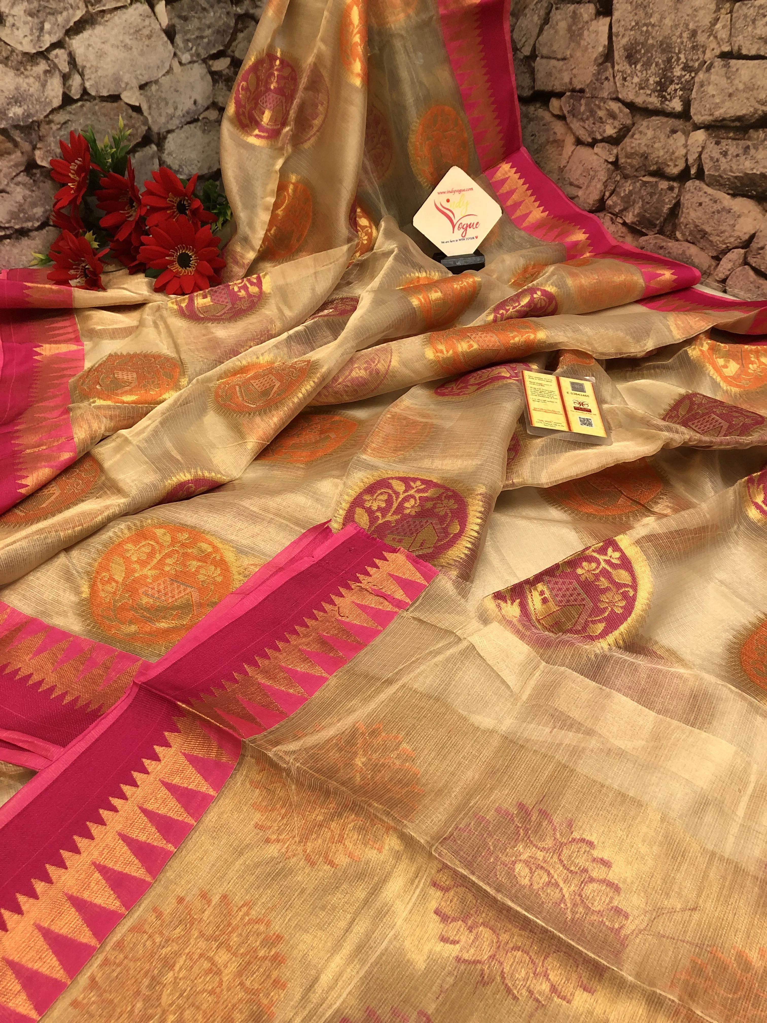 Dark Caramel Cream Color Pure Tissue Banarasi Saree