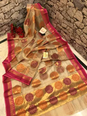 Dark Caramel Cream Color Pure Tissue Banarasi Saree