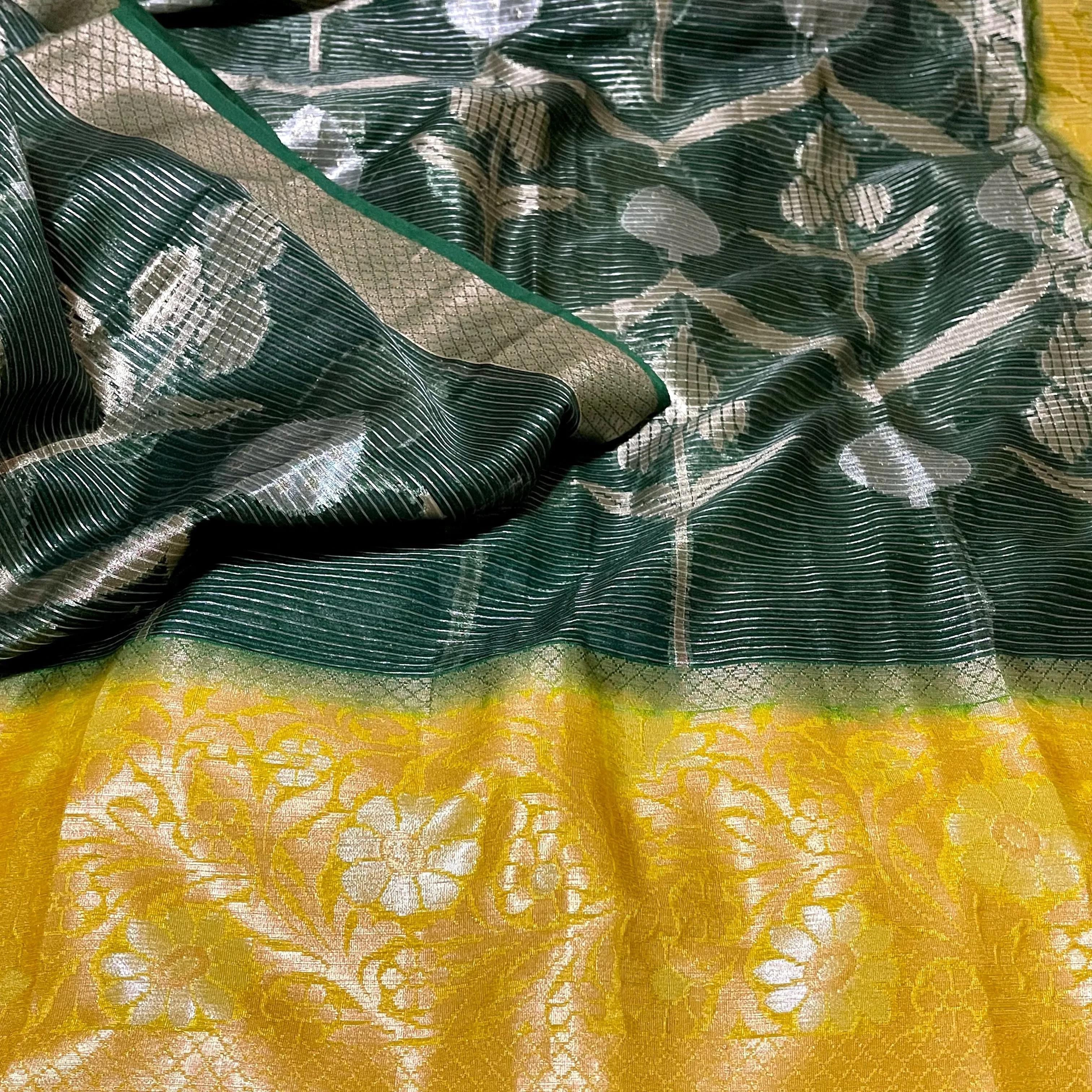 Dark Green with Yellow Designer Banarasi organza Saree with stitched blouse