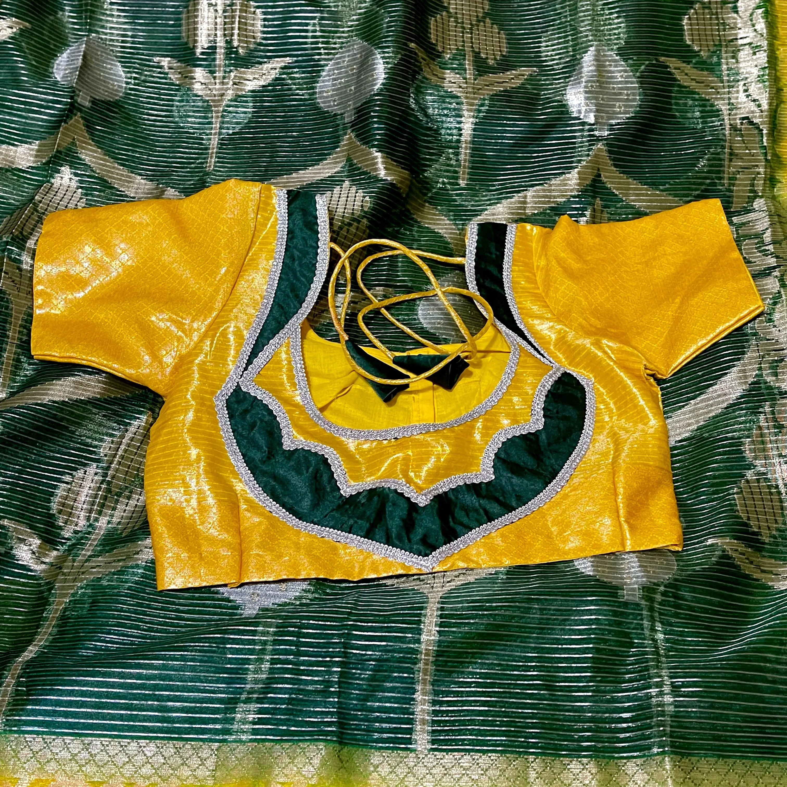 Dark Green with Yellow Designer Banarasi organza Saree with stitched blouse