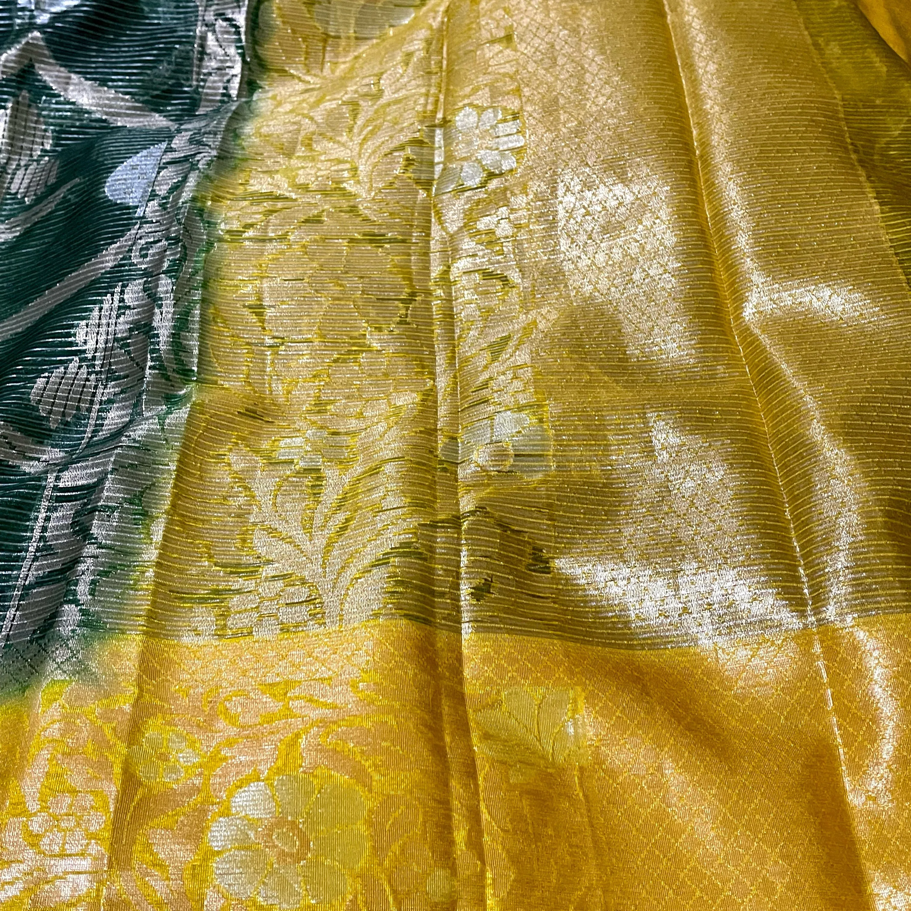 Dark Green with Yellow Designer Banarasi organza Saree with stitched blouse