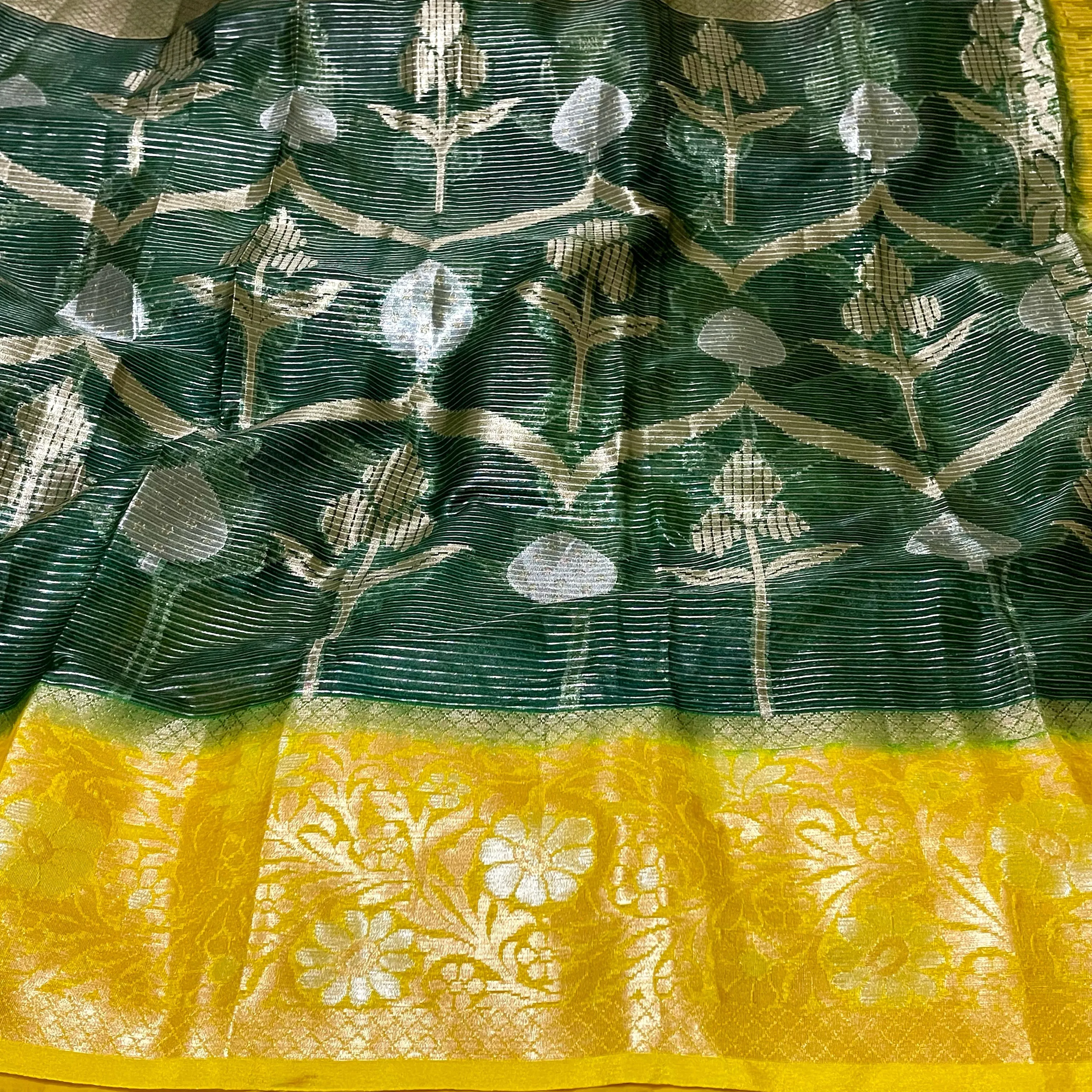 Dark Green with Yellow Designer Banarasi organza Saree with stitched blouse