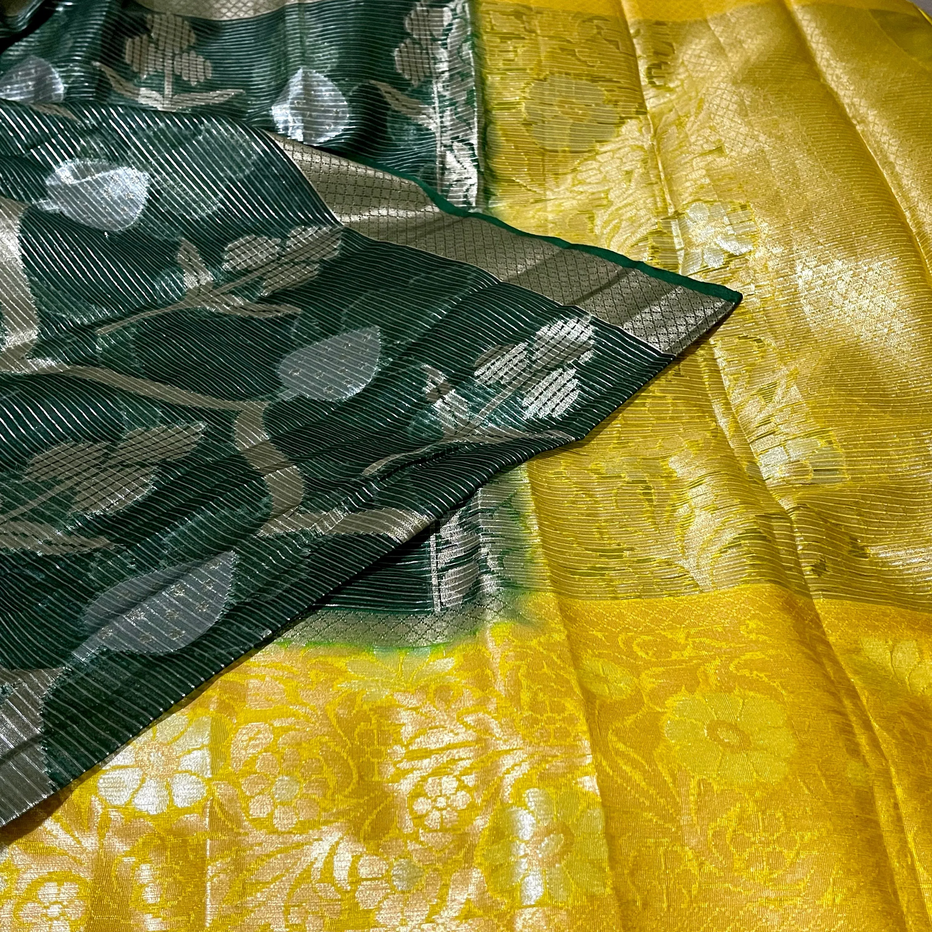 Dark Green with Yellow Designer Banarasi organza Saree with stitched blouse