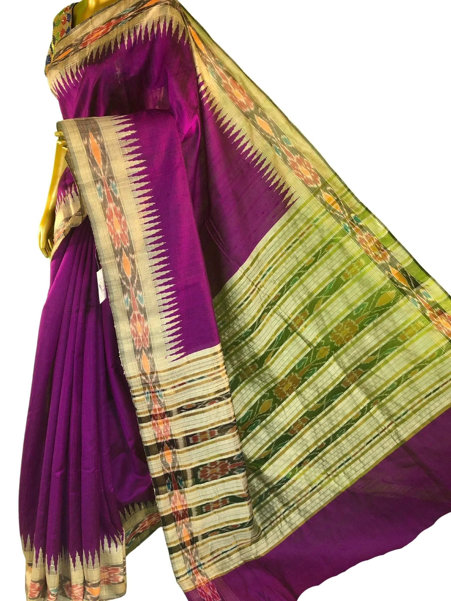 Dark Violet Color Pure Raw Silk Saree with Ikkat Pallu & Border