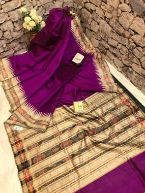 Dark Violet Color Pure Raw Silk Saree with Ikkat Pallu & Border