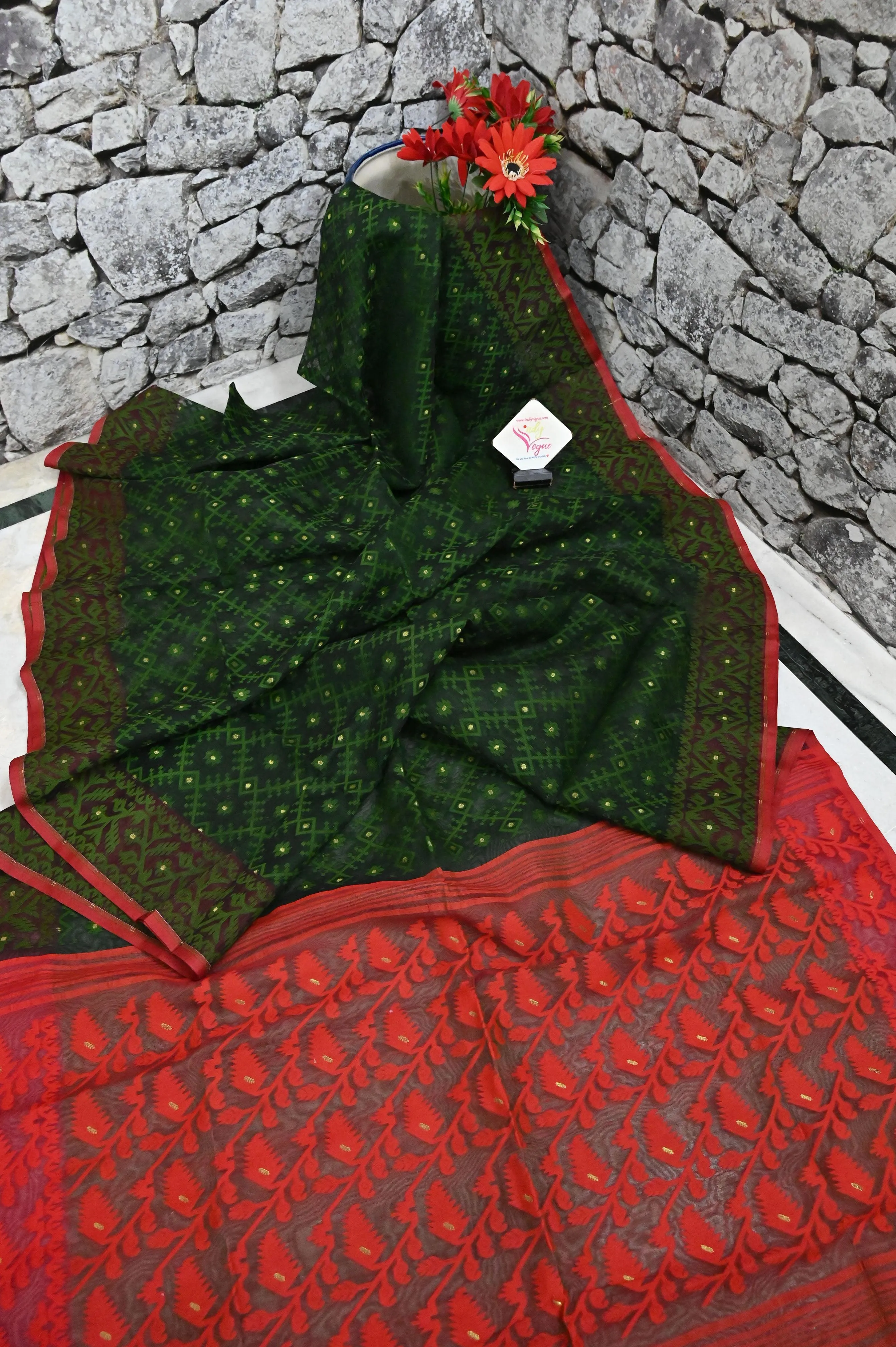 Deep Green and Red Color Jamdani Saree