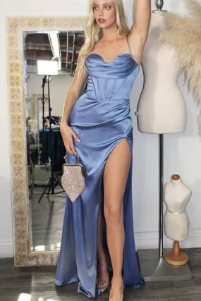 Dreamy Dusty Blue Mermaid Prom Dress with Spaghetti Straps and Sultry Split