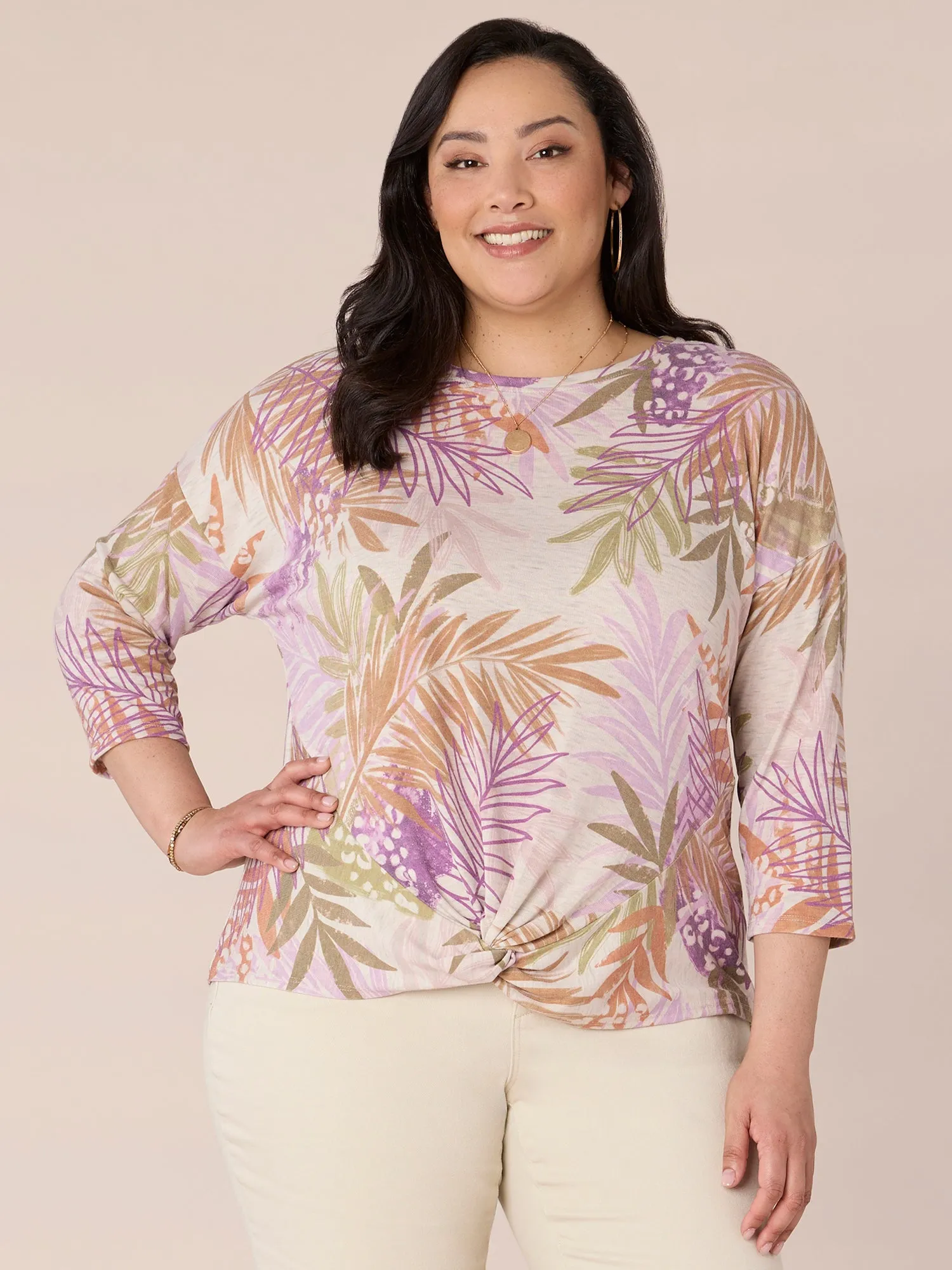 Drop Shoulder Sleeve Scoop Neck Twist Hem Plus Size Printed Knit Top