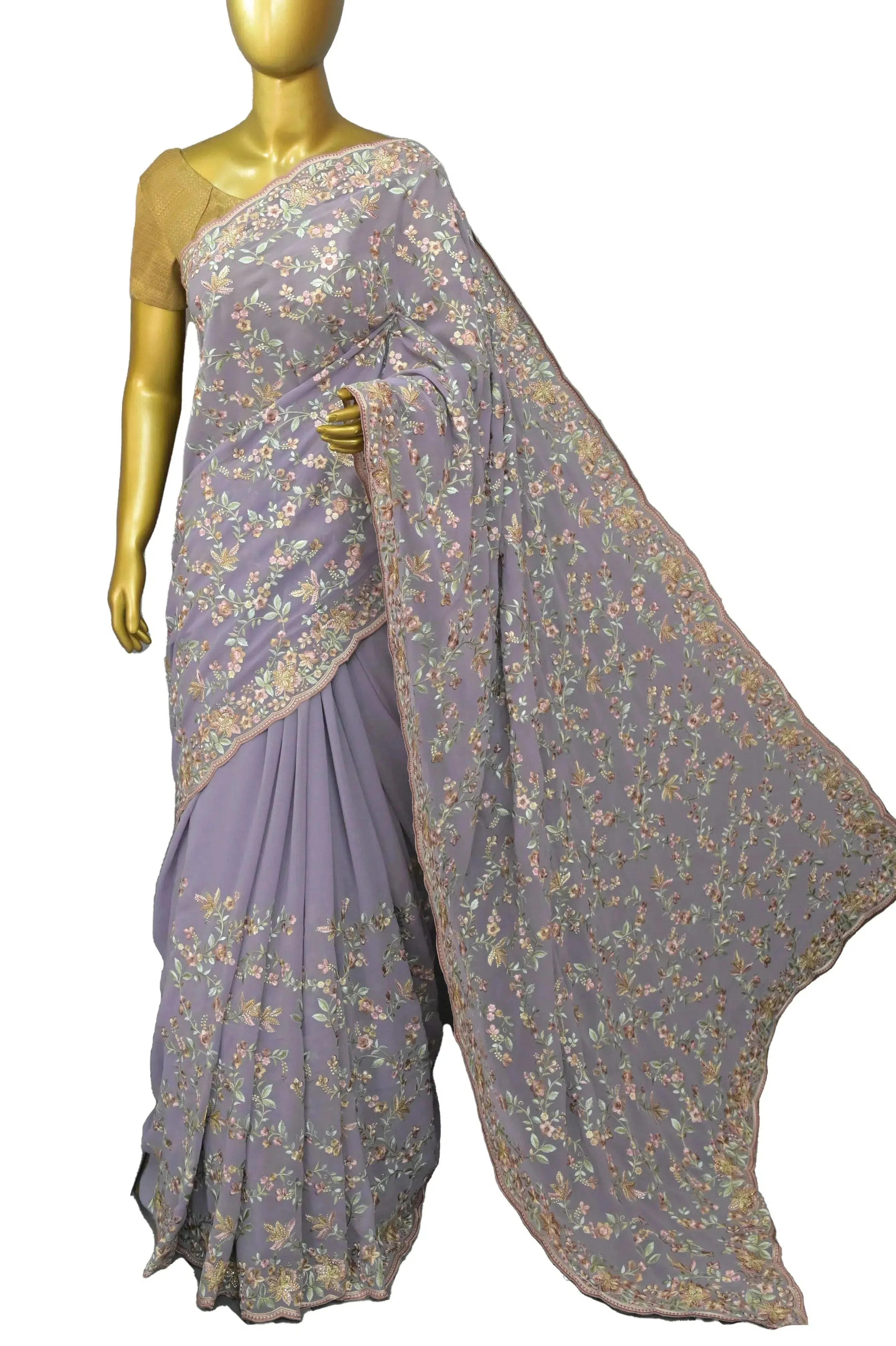 Dusty Lavender Color Georgette Saree with Floral Embroidery