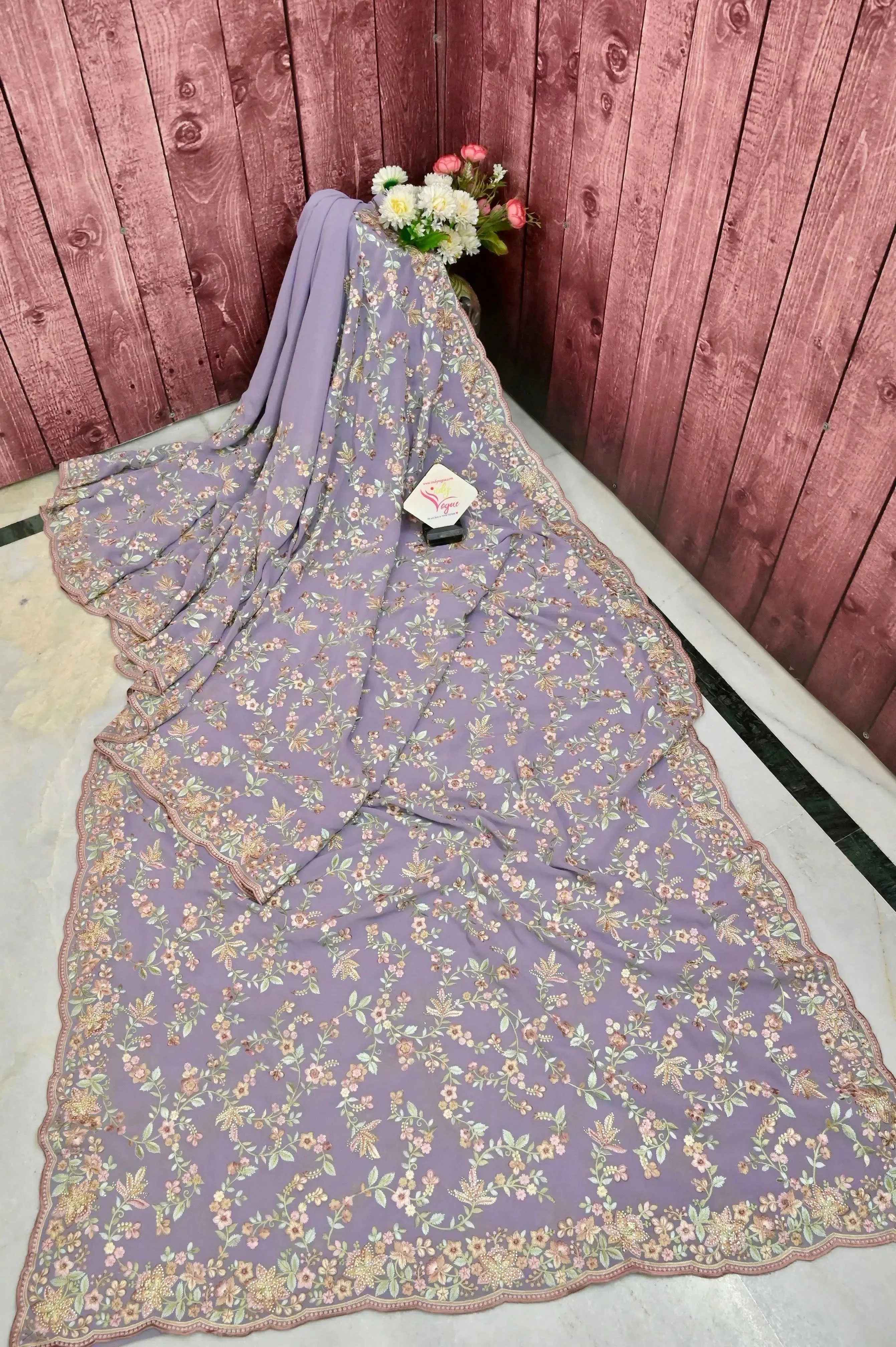 Dusty Lavender Color Georgette Saree with Floral Embroidery