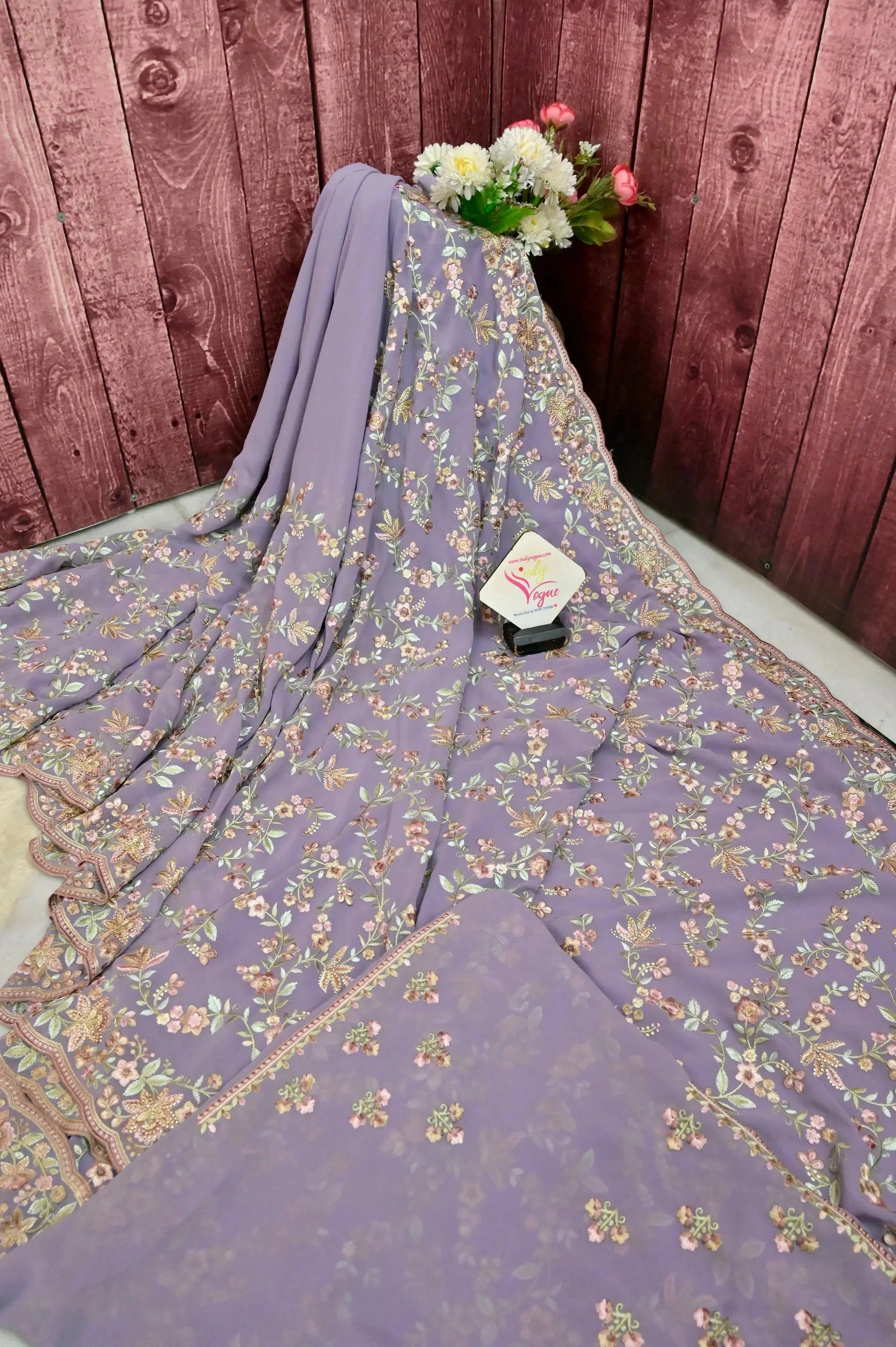 Dusty Lavender Color Georgette Saree with Floral Embroidery