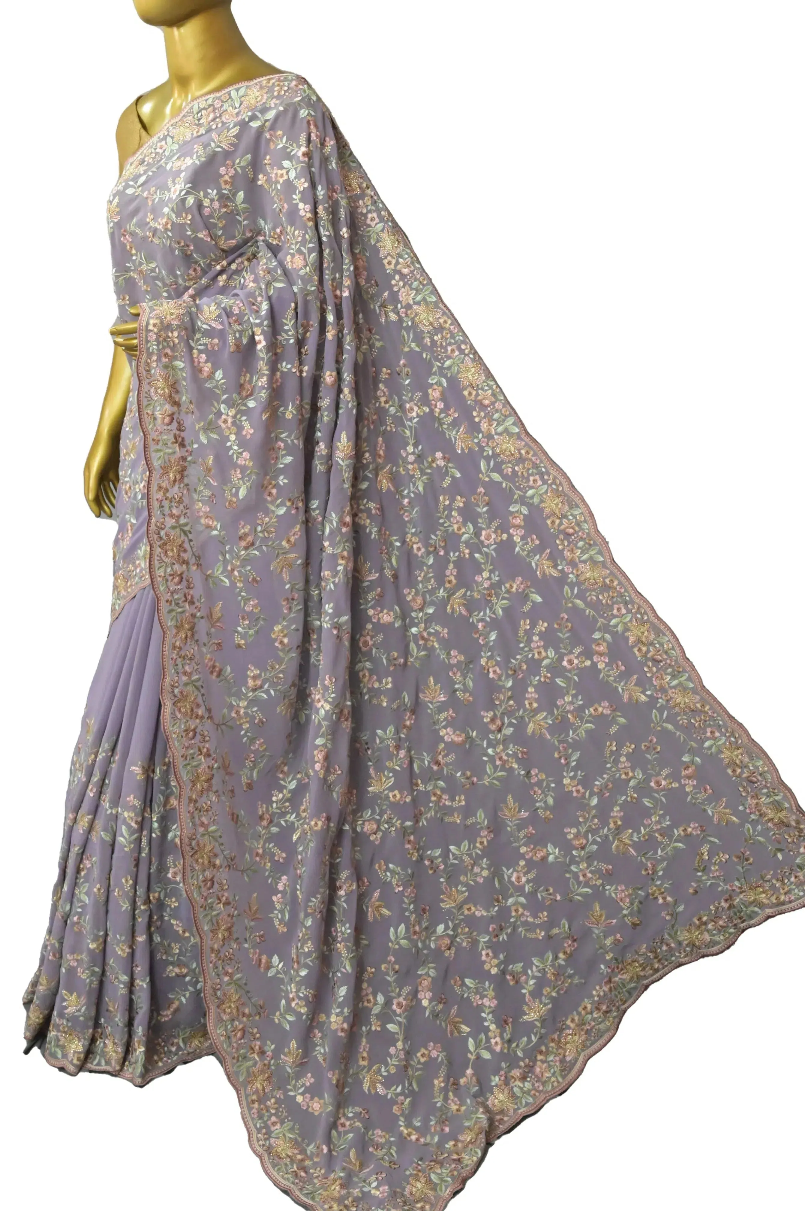 Dusty Lavender Color Georgette Saree with Floral Embroidery