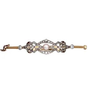 Edwardian 5.5mm Pearl Old European Diamond Bangle in 18K Yellow Gold Platinum