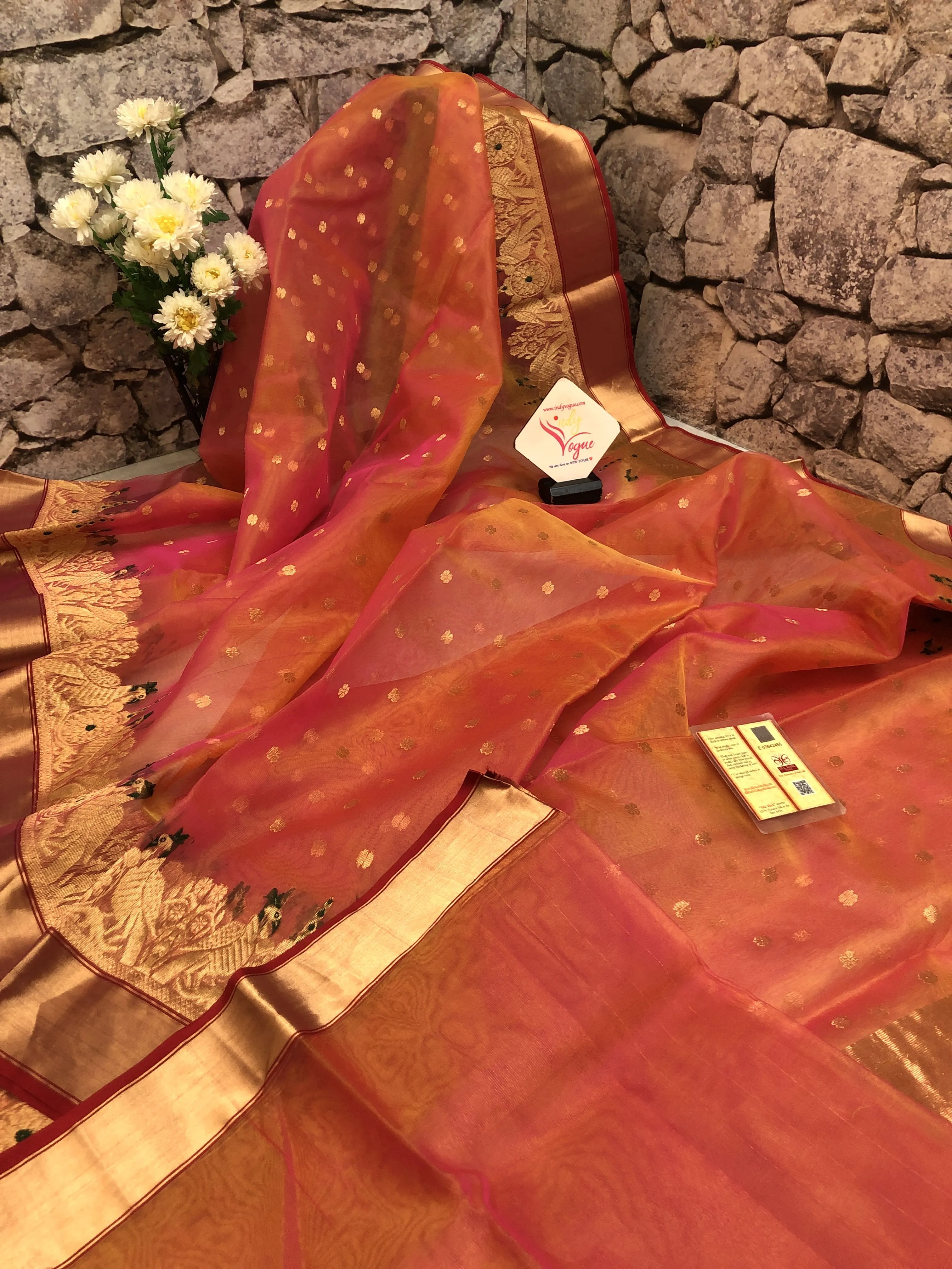 Fire Orange and Pink Dual Color Pure Chanderi Banarasi Silk Saree