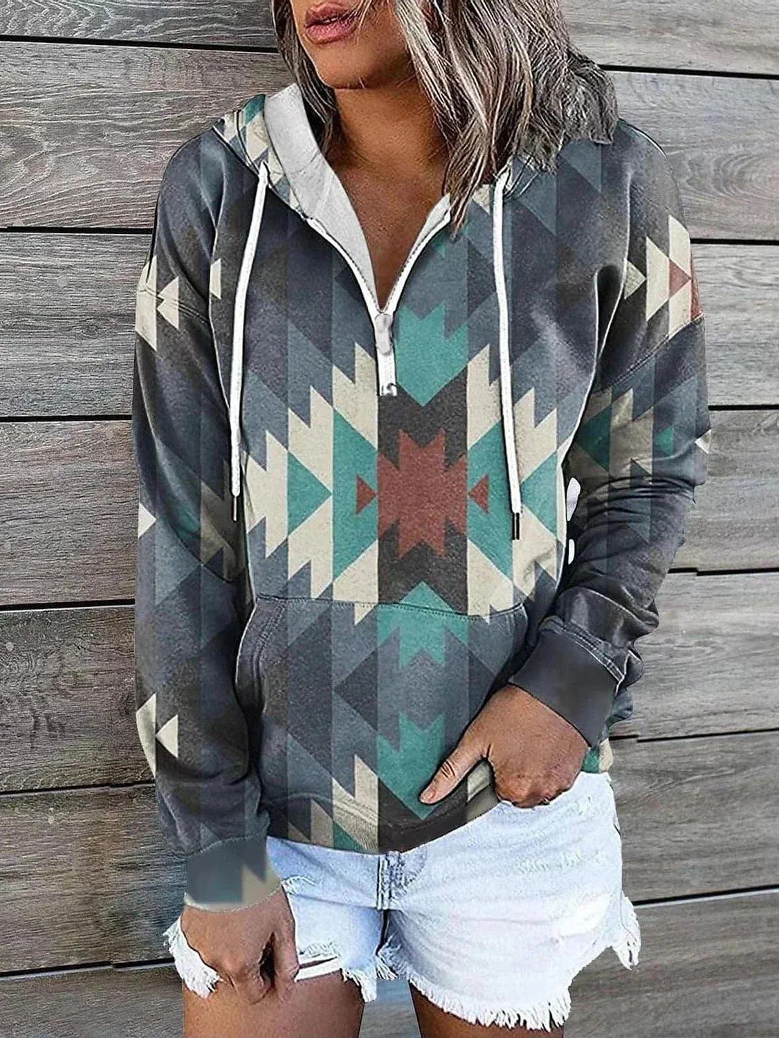 Geometric Tribal Aztecs Zip Up Hoodie Sweatshirt for Women