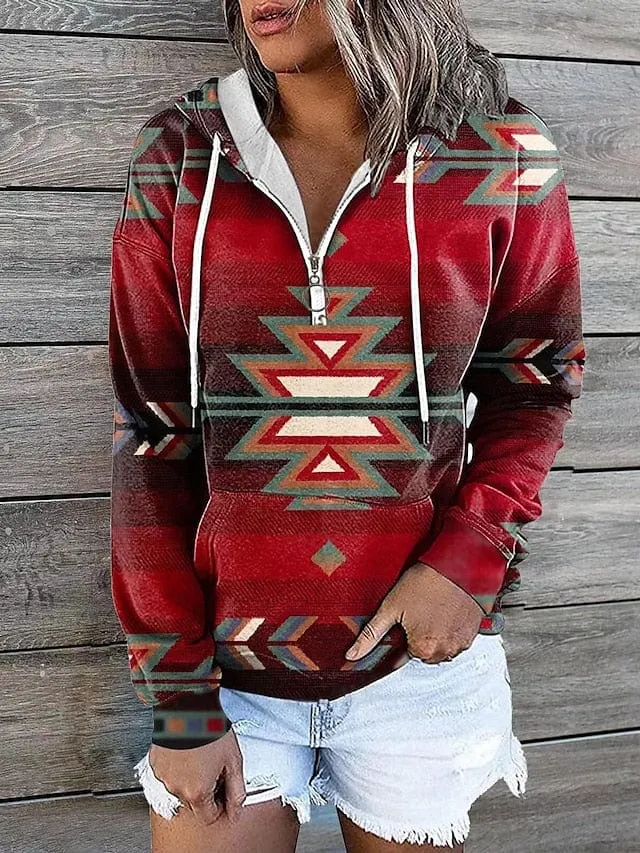 Geometric Tribal Aztecs Zip Up Hoodie Sweatshirt for Women