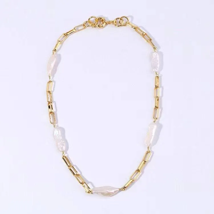 Gold Chain Baroque Pearl Necklace