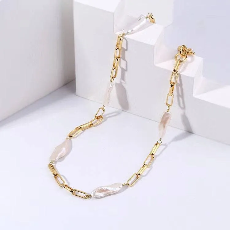 Gold Chain Baroque Pearl Necklace