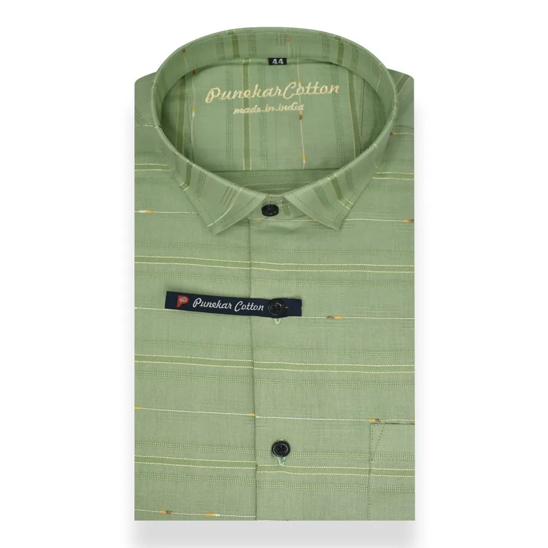 Green Color Pure Cotton Panelled Butta Stripes Shirts For Men's